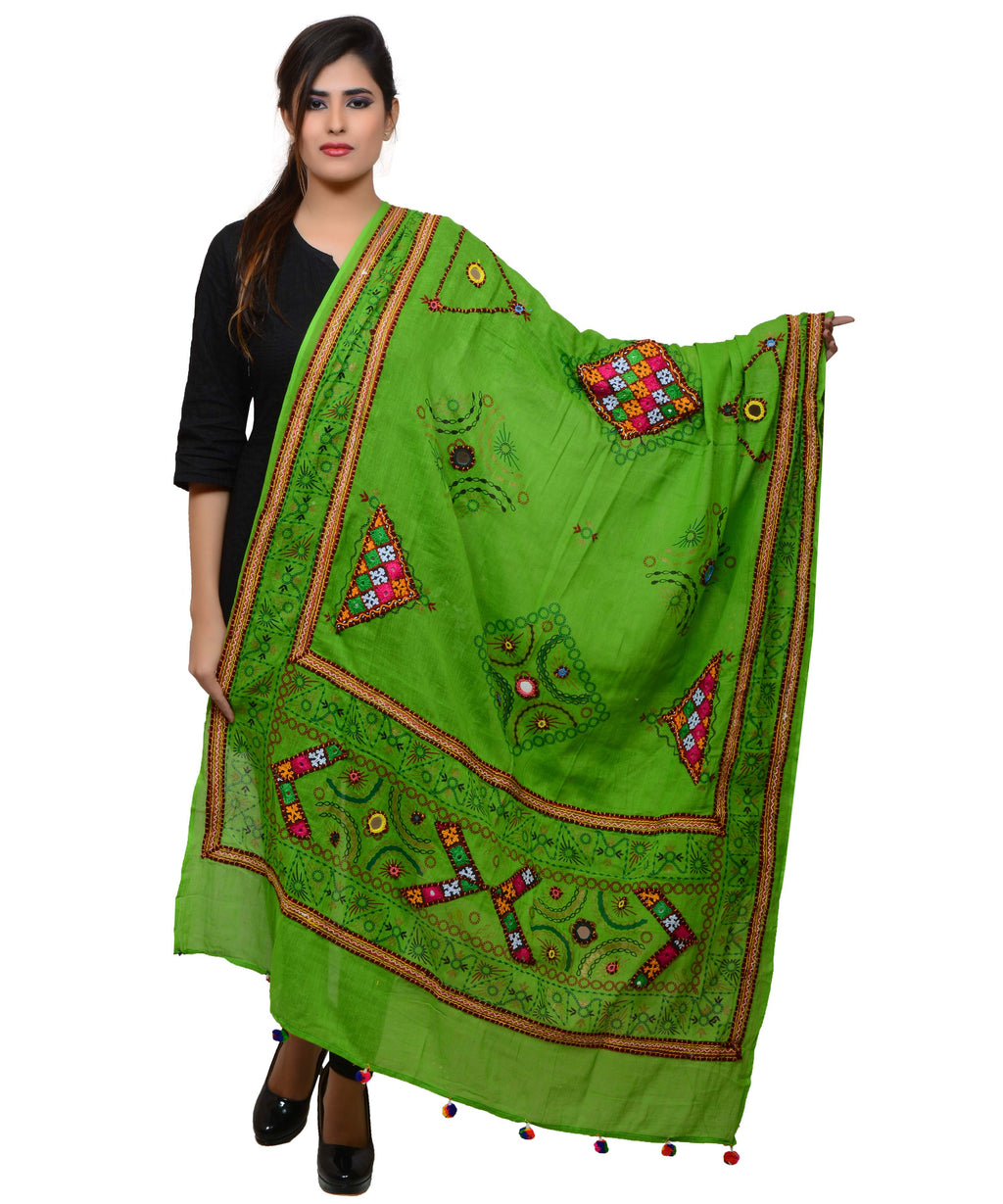 Banjara India Women's Pure Cotton Real Mirrorwork & Hand Embroidery Dupatta (Kutchi Trikon) Parrot Green - TKN06 - Banjara India