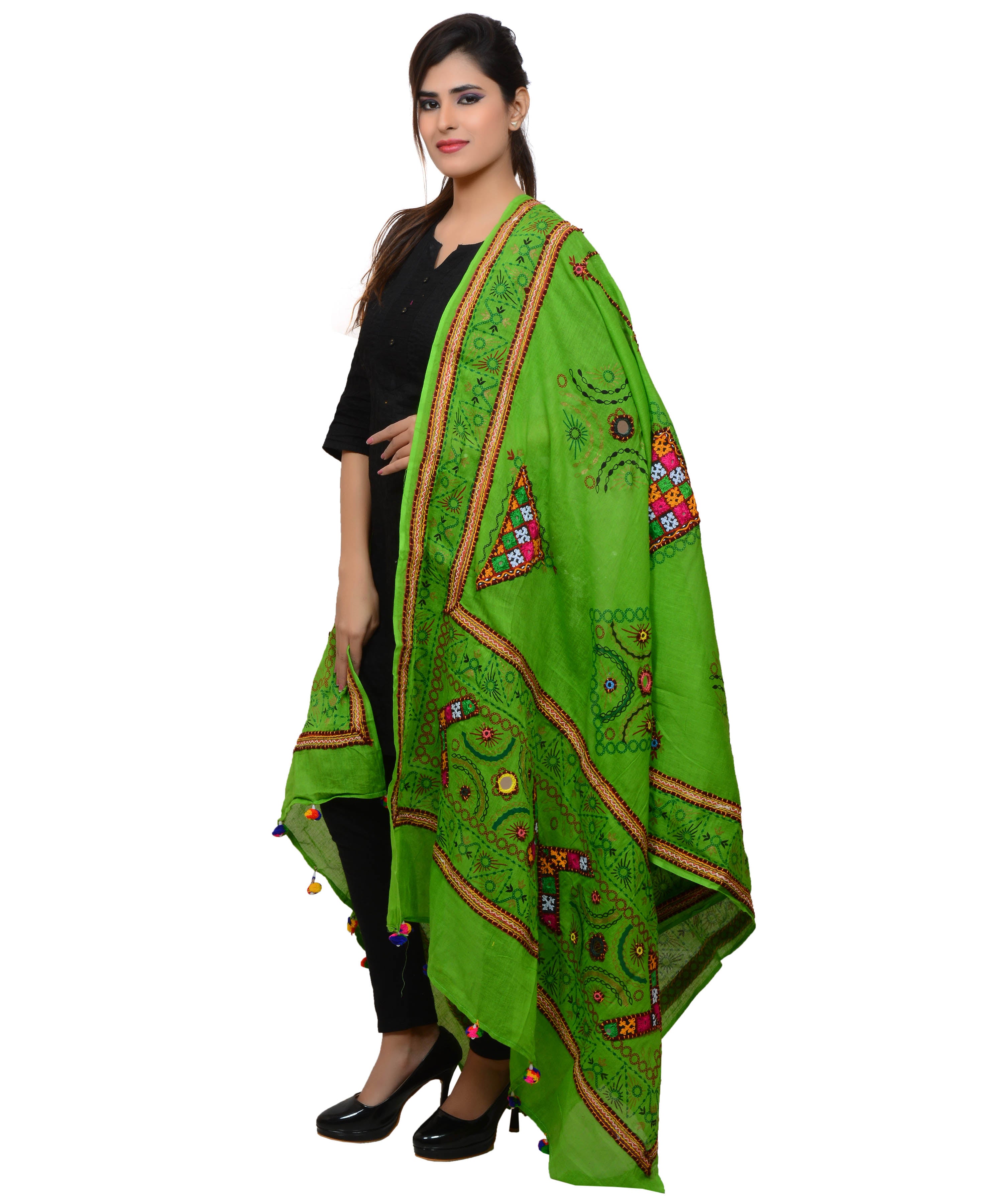 Banjara India Women's Pure Cotton Real Mirrorwork & Hand Embroidery Dupatta (Kutchi Trikon) Parrot Green - TKN06 - Banjara India