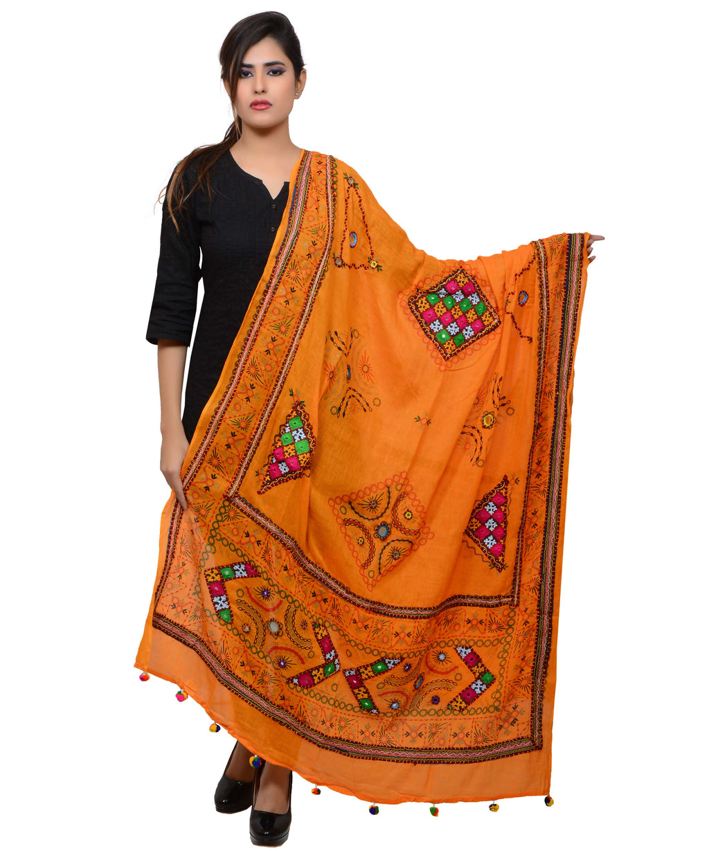 Banjara India Women's Pure Cotton Real Mirrorwork & Hand Embroidery Dupatta (Kutchi Trikon) Light Orange - TKN07 - Banjara India