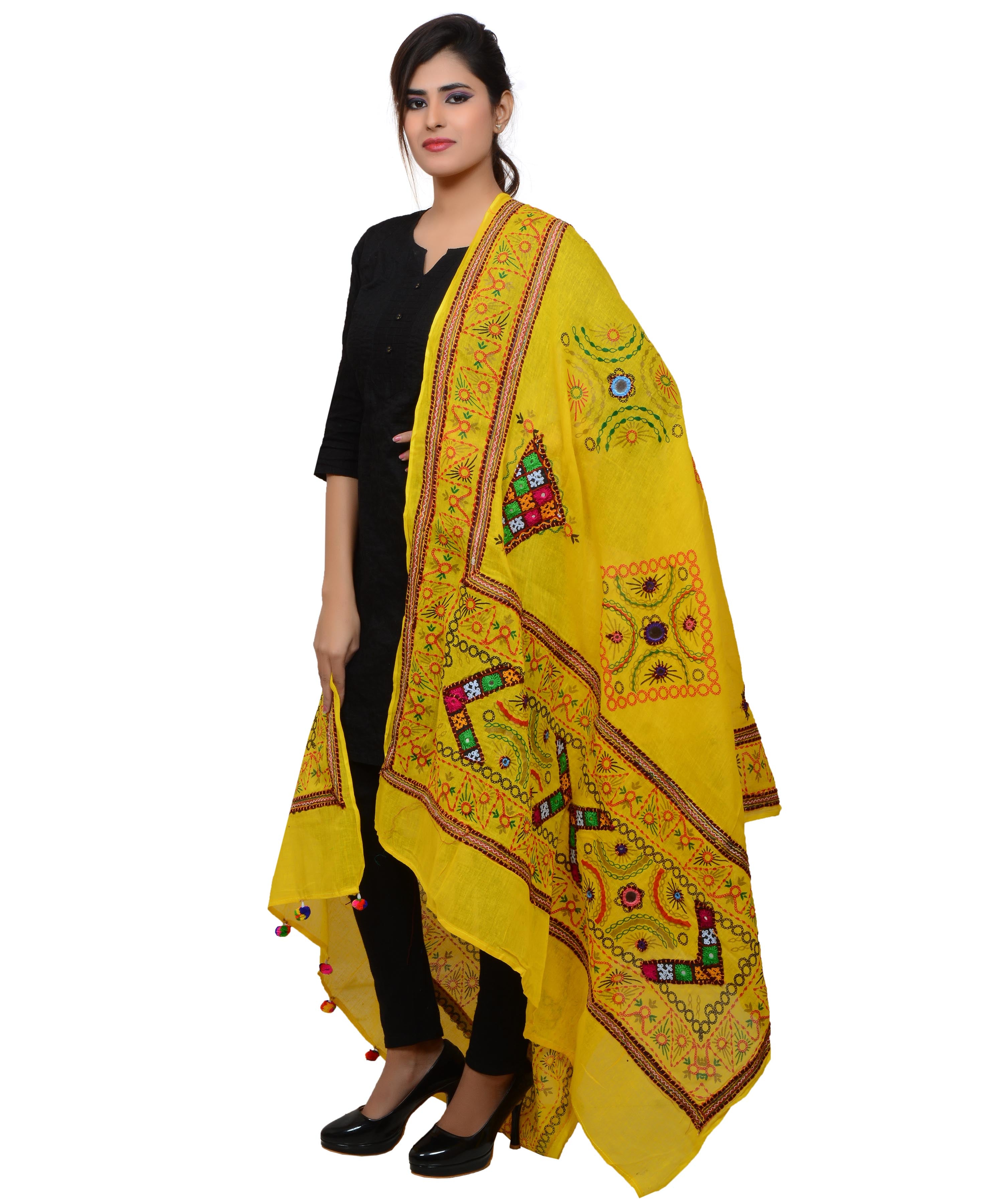 Banjara India Women's Pure Cotton Real Mirrorwork & Hand Embroidery Dupatta (Kutchi Trikon) Lemon Yellow - TKN08 - Banjara India