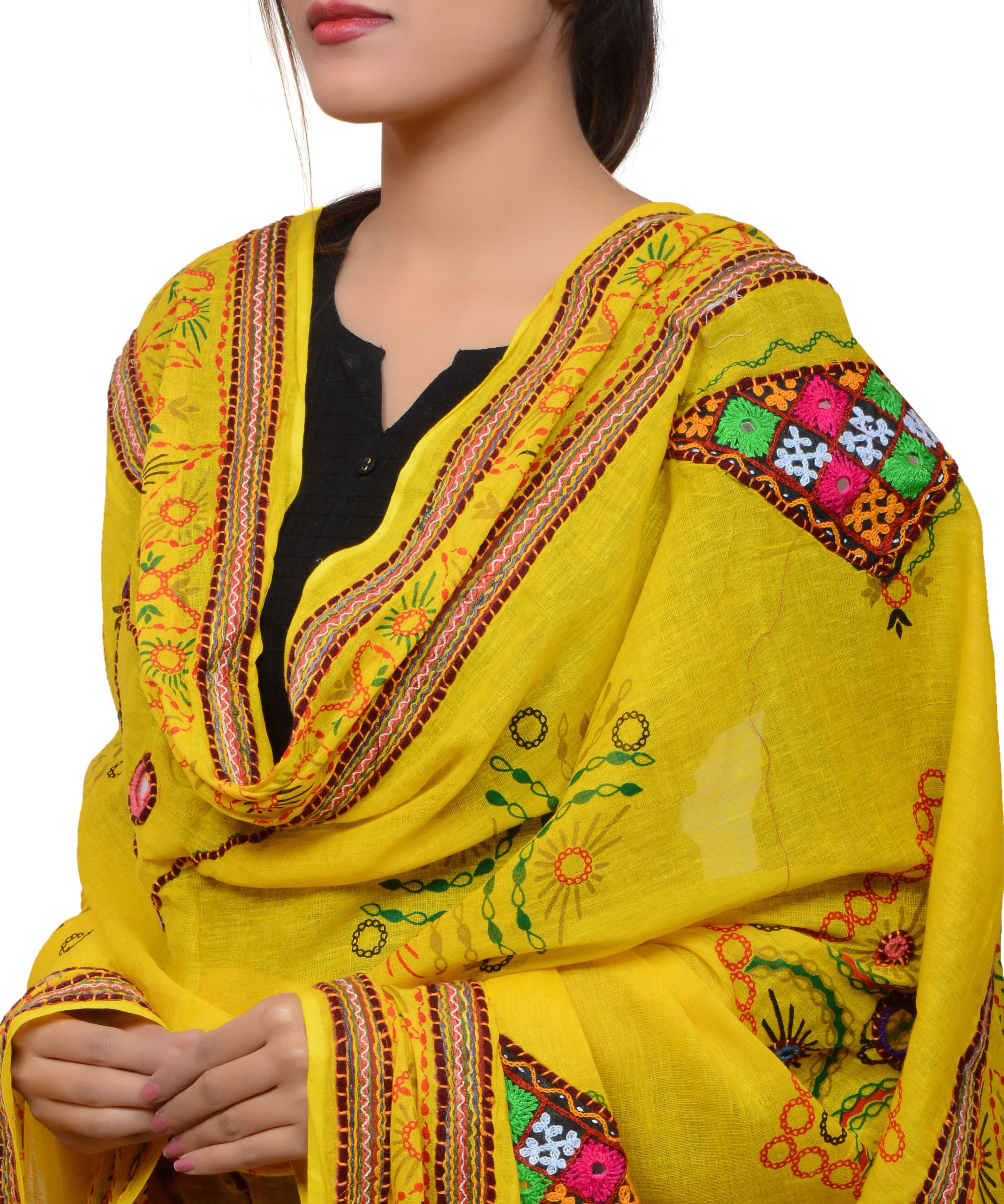 Banjara India Women's Pure Cotton Real Mirrorwork & Hand Embroidery Dupatta (Kutchi Trikon) Lemon Yellow - TKN08 - Banjara India