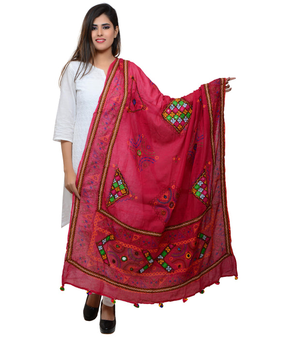 Banjara India Women's Pure Cotton Real Mirrorwork & Hand Embroidery Dupatta (Kutchi Trikon) Pink - TKN09 - Banjara India