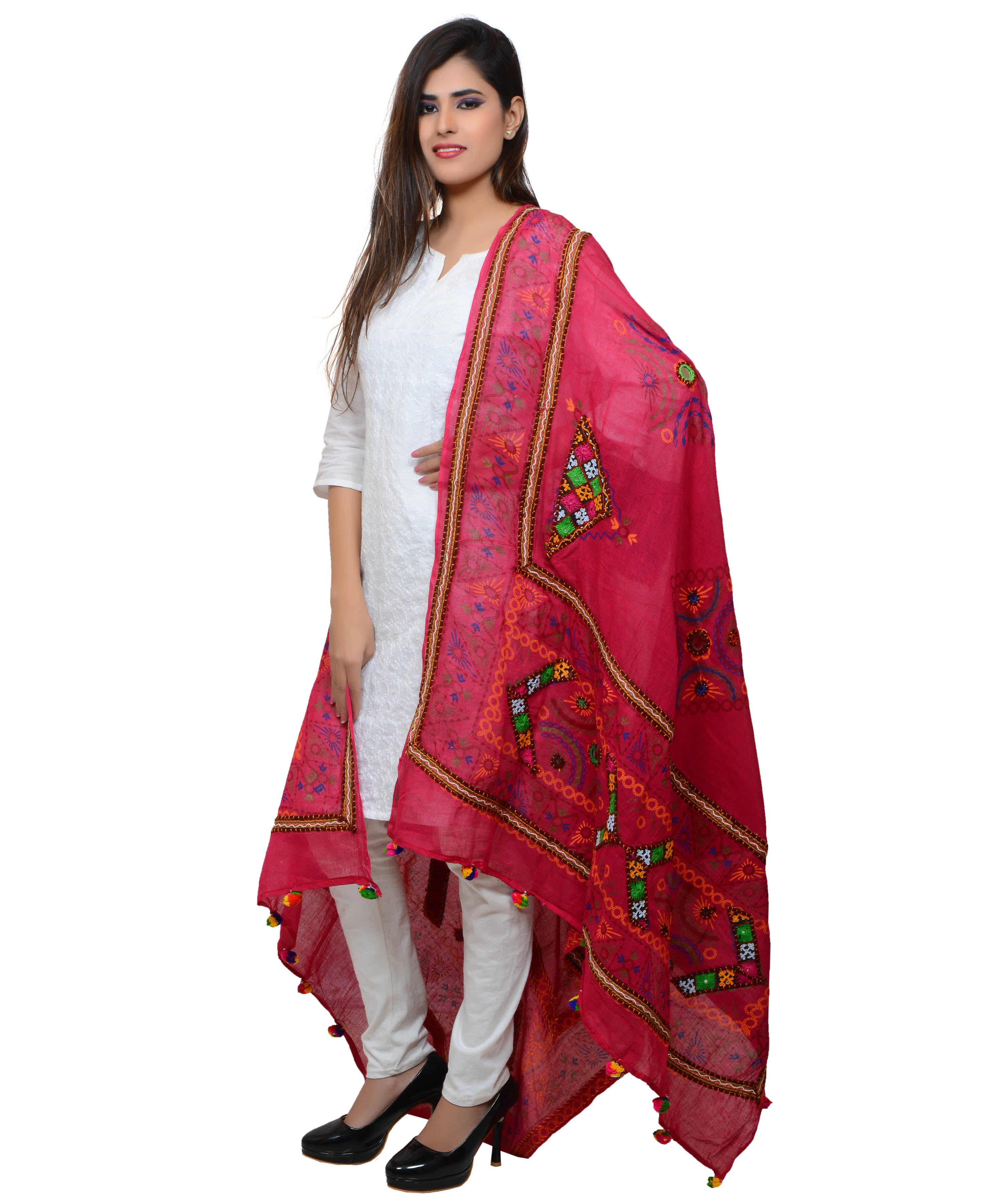Banjara India Women's Pure Cotton Real Mirrorwork & Hand Embroidery Dupatta (Kutchi Trikon) Pink - TKN09 - Banjara India