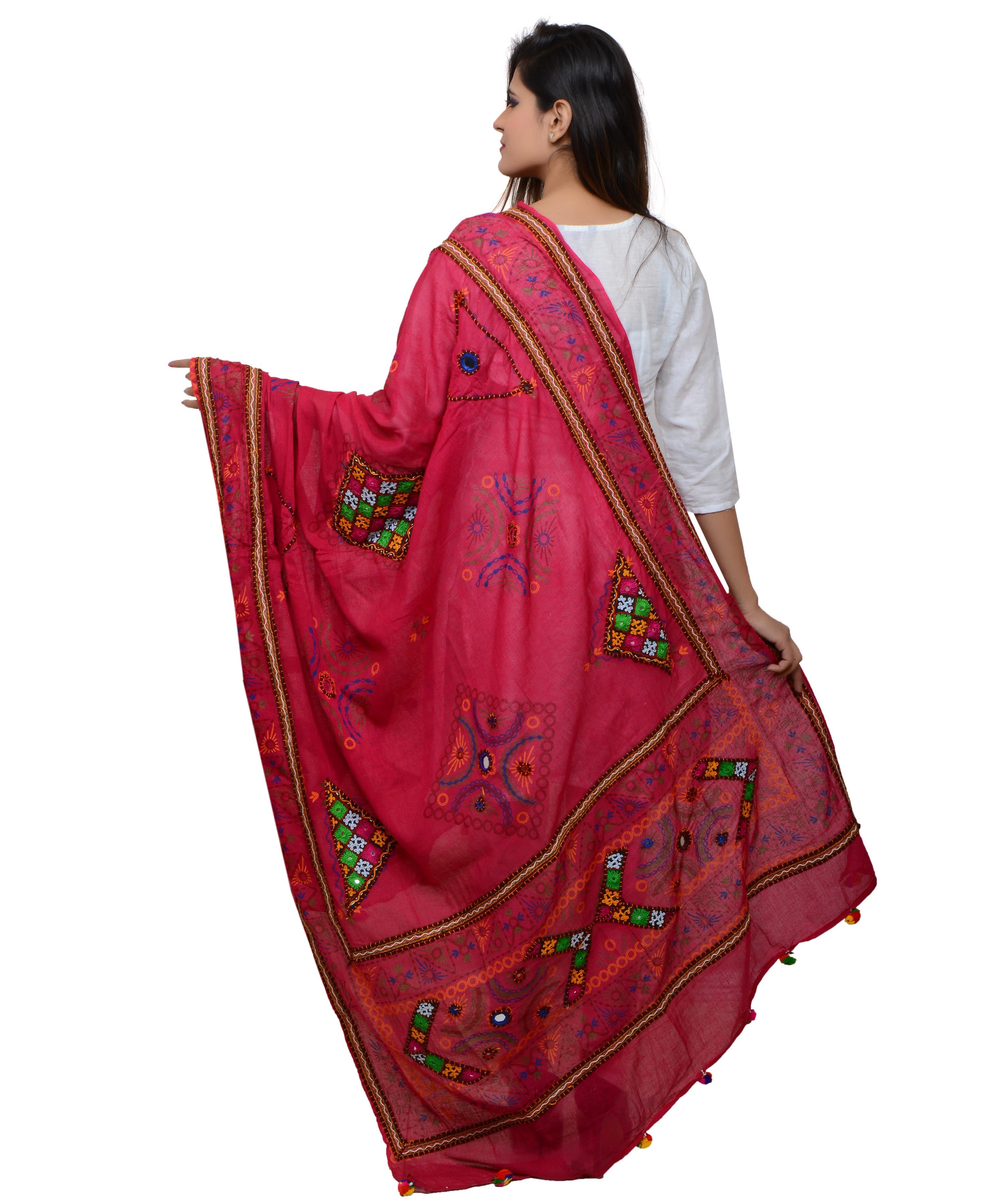 Banjara India Women's Pure Cotton Real Mirrorwork & Hand Embroidery Dupatta (Kutchi Trikon) Pink - TKN09 - Banjara India