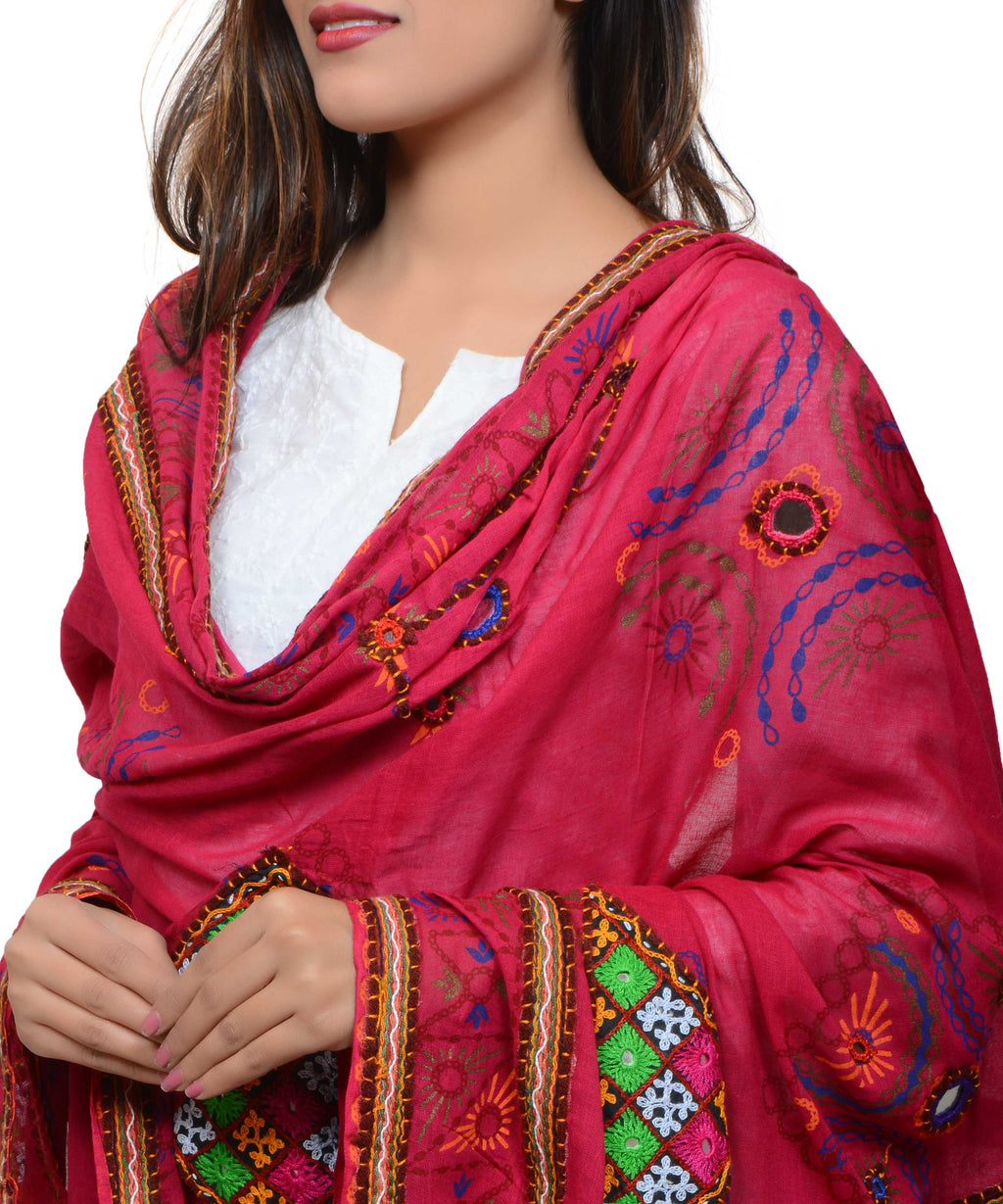 Banjara India Women's Pure Cotton Real Mirrorwork & Hand Embroidery Dupatta (Kutchi Trikon) Pink - TKN09 - Banjara India