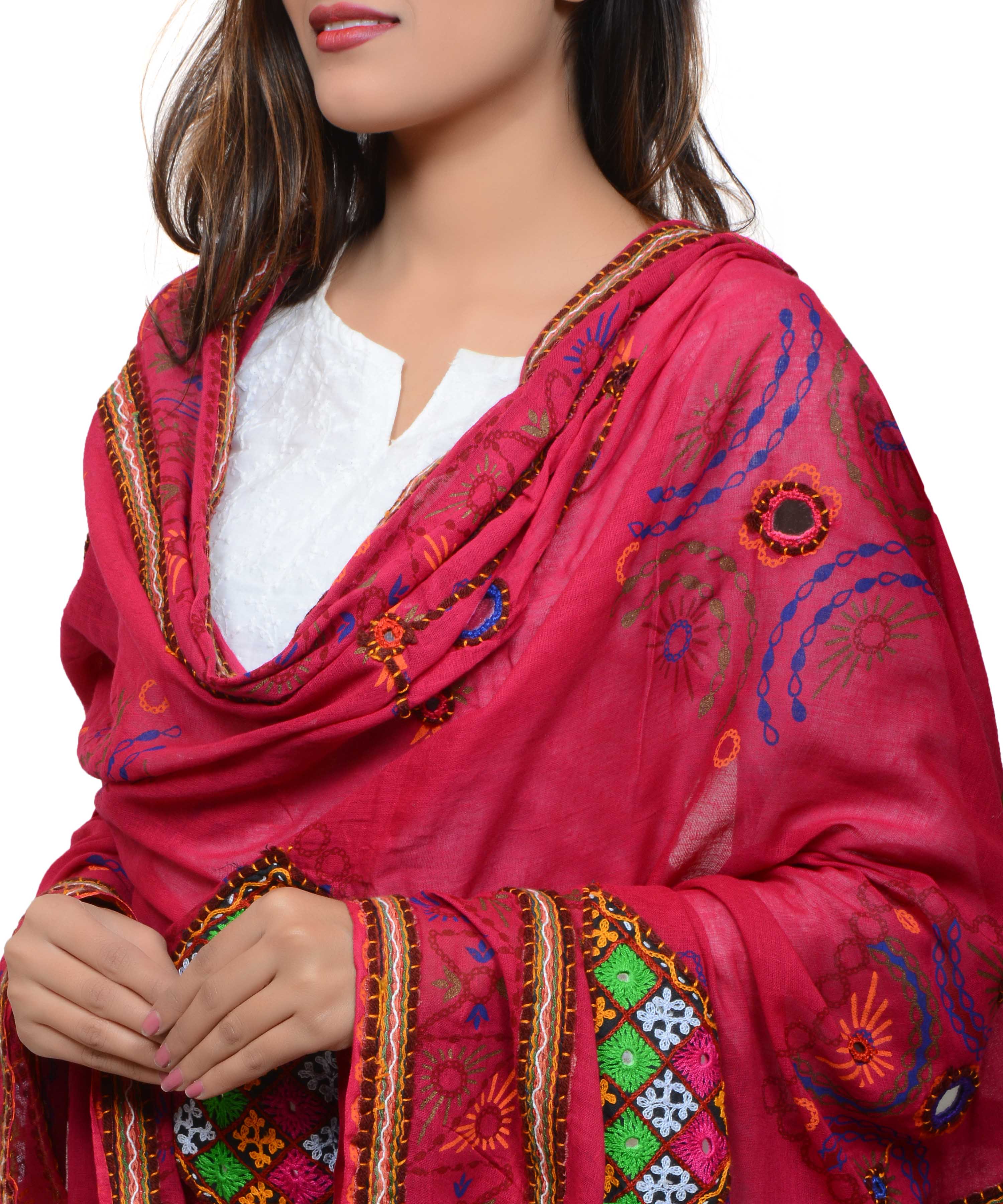Banjara India Women's Pure Cotton Real Mirrorwork & Hand Embroidery Dupatta (Kutchi Trikon) Pink - TKN09 - Banjara India