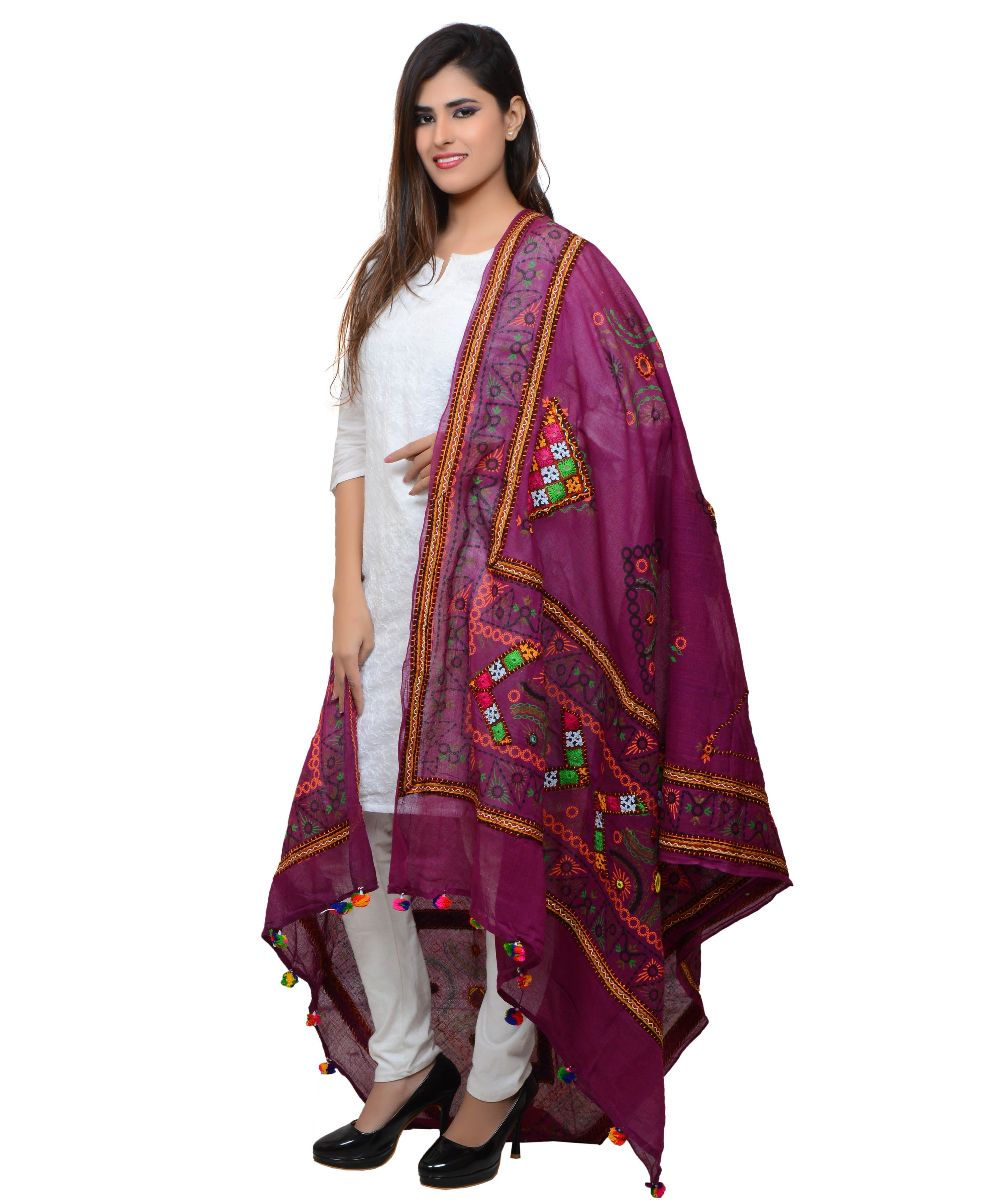 Banjara India Women's Pure Cotton Real Mirrorwork & Hand Embroidery Dupatta (Kutchi Trikon) Magenta Violet - TKN10 - Banjara India