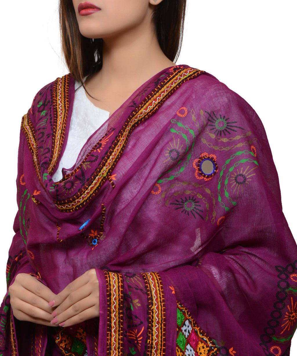 Banjara India Women's Pure Cotton Real Mirrorwork & Hand Embroidery Dupatta (Kutchi Trikon) Magenta Violet - TKN10 - Banjara India