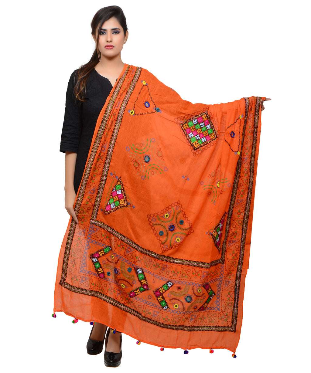 Banjara India Women's Pure Cotton Real Mirrorwork & Hand Embroidery Dupatta (Kutchi Trikon) Tangy Orange - TKN11 - Banjara India