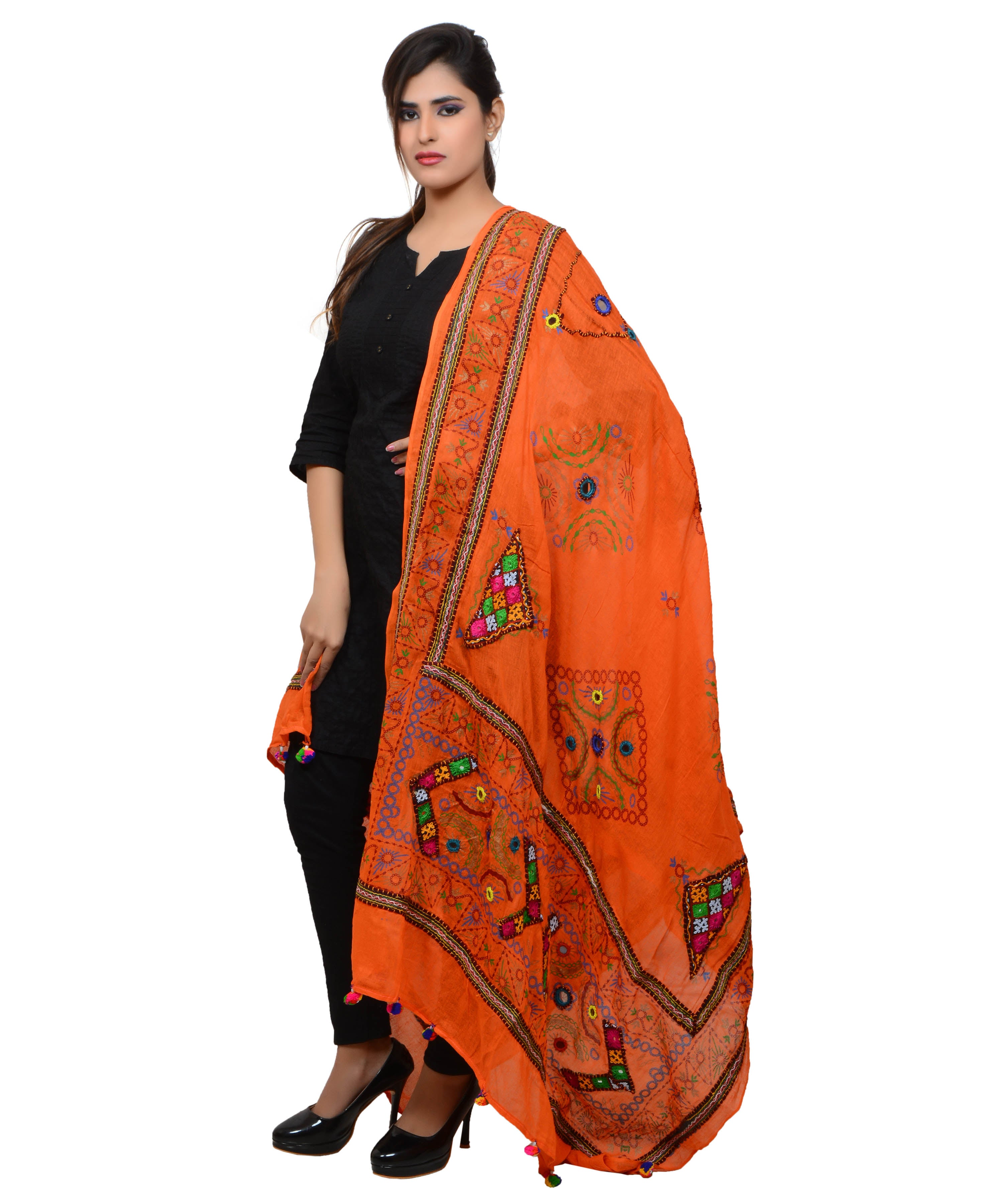 Banjara India Women's Pure Cotton Real Mirrorwork & Hand Embroidery Dupatta (Kutchi Trikon) Tangy Orange - TKN11 - Banjara India