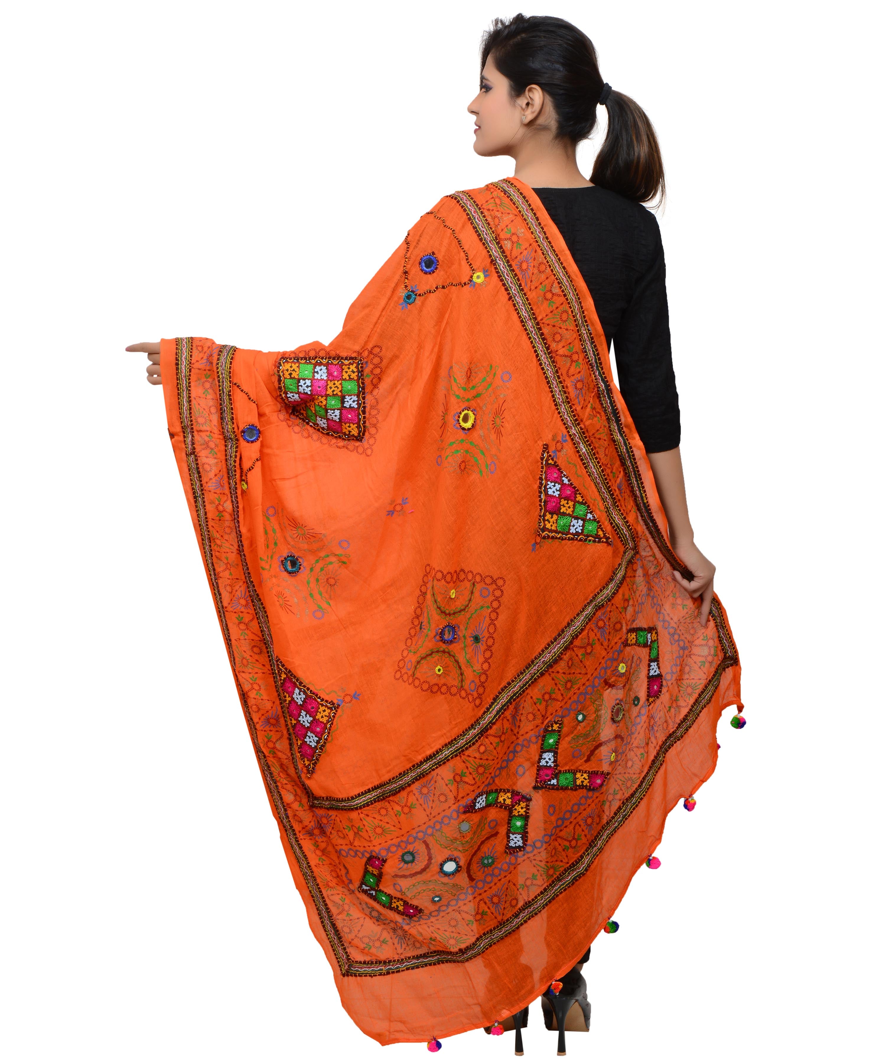 Banjara India Women's Pure Cotton Real Mirrorwork & Hand Embroidery Dupatta (Kutchi Trikon) Tangy Orange - TKN11 - Banjara India