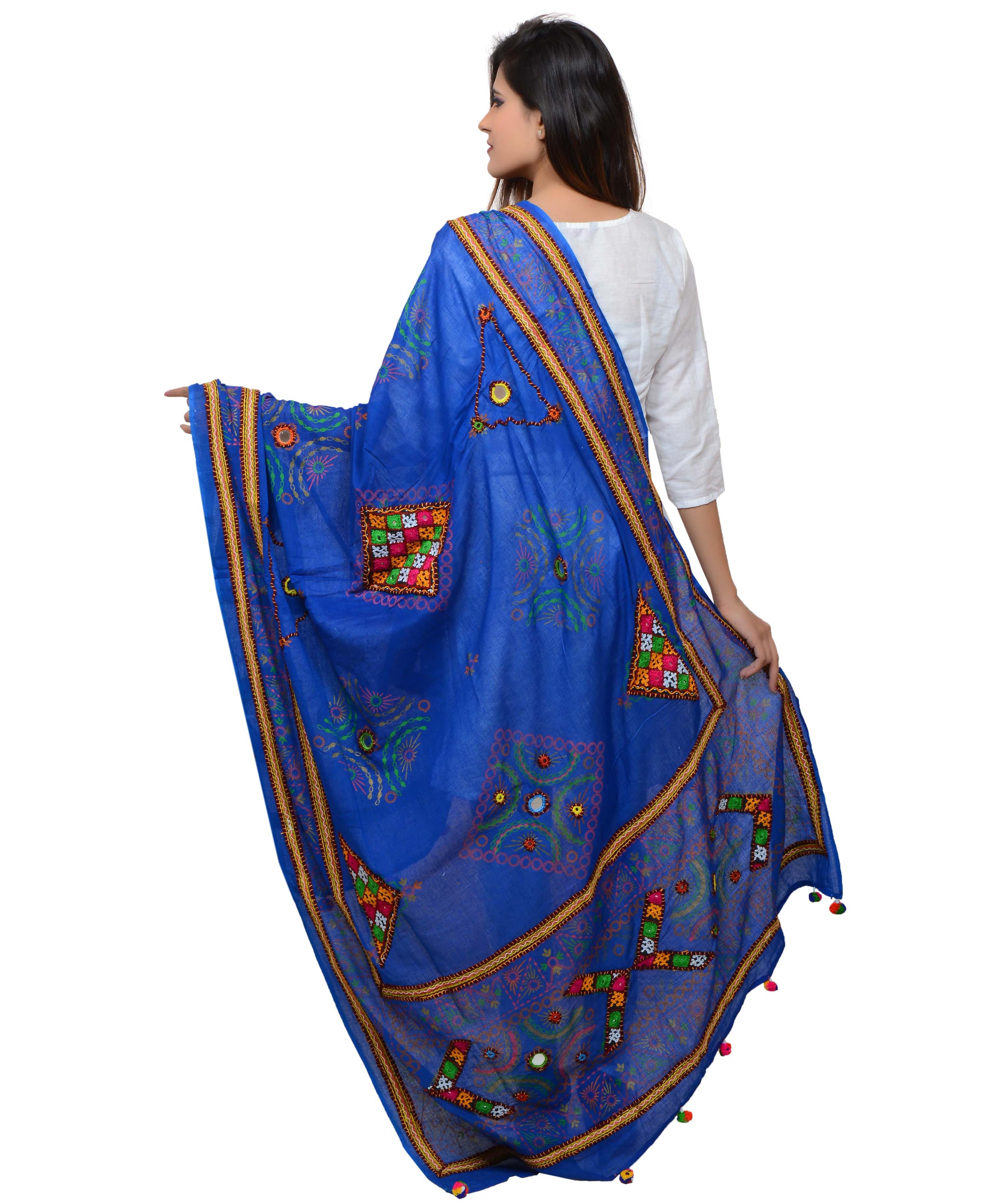Banjara India Women's Pure Cotton Real Mirrorwork & Hand Embroidery Dupatta (Kutchi Trikon) Blue - TKN12 - Banjara India