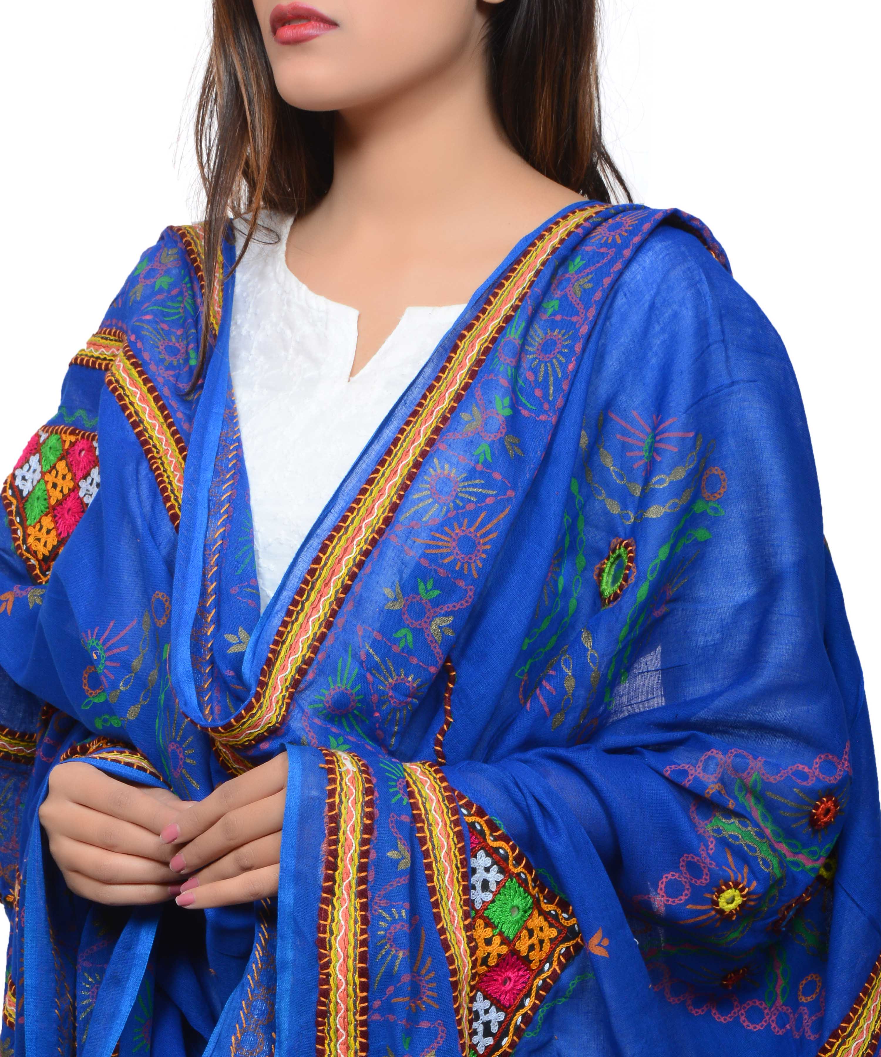 Banjara India Women's Pure Cotton Real Mirrorwork & Hand Embroidery Dupatta (Kutchi Trikon) Blue - TKN12 - Banjara India