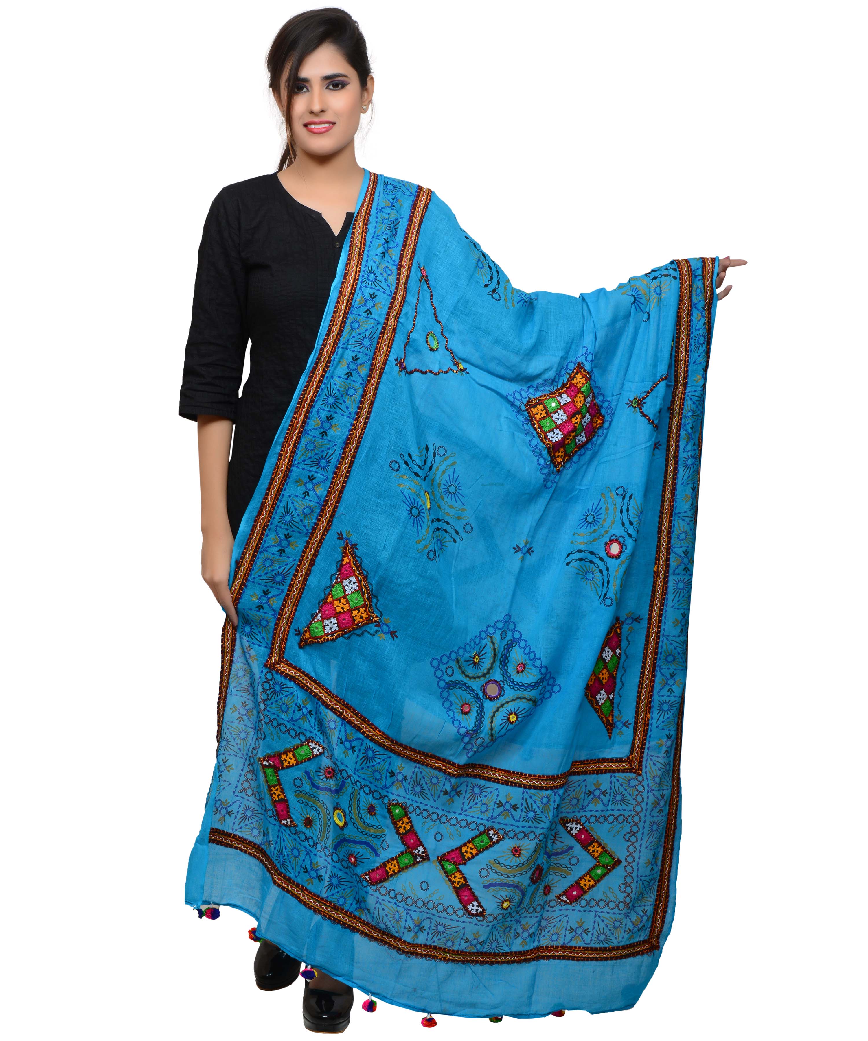 Banjara India Women's Pure Cotton Real Mirrorwork & Hand Embroidery Dupatta (Kutchi Trikon) Turquoise - TKN13 - Banjara India