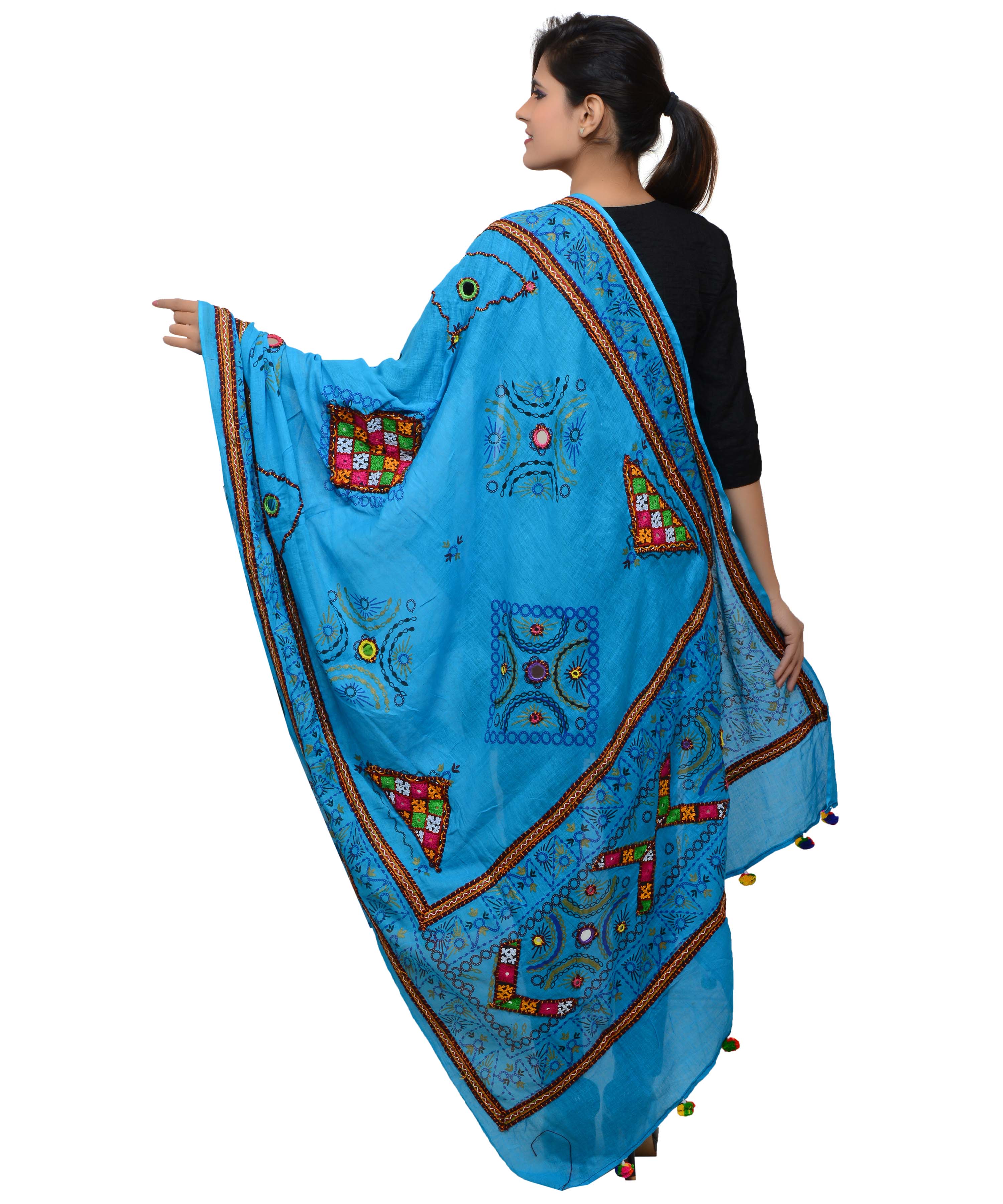 Banjara India Women's Pure Cotton Real Mirrorwork & Hand Embroidery Dupatta (Kutchi Trikon) Turquoise - TKN13 - Banjara India