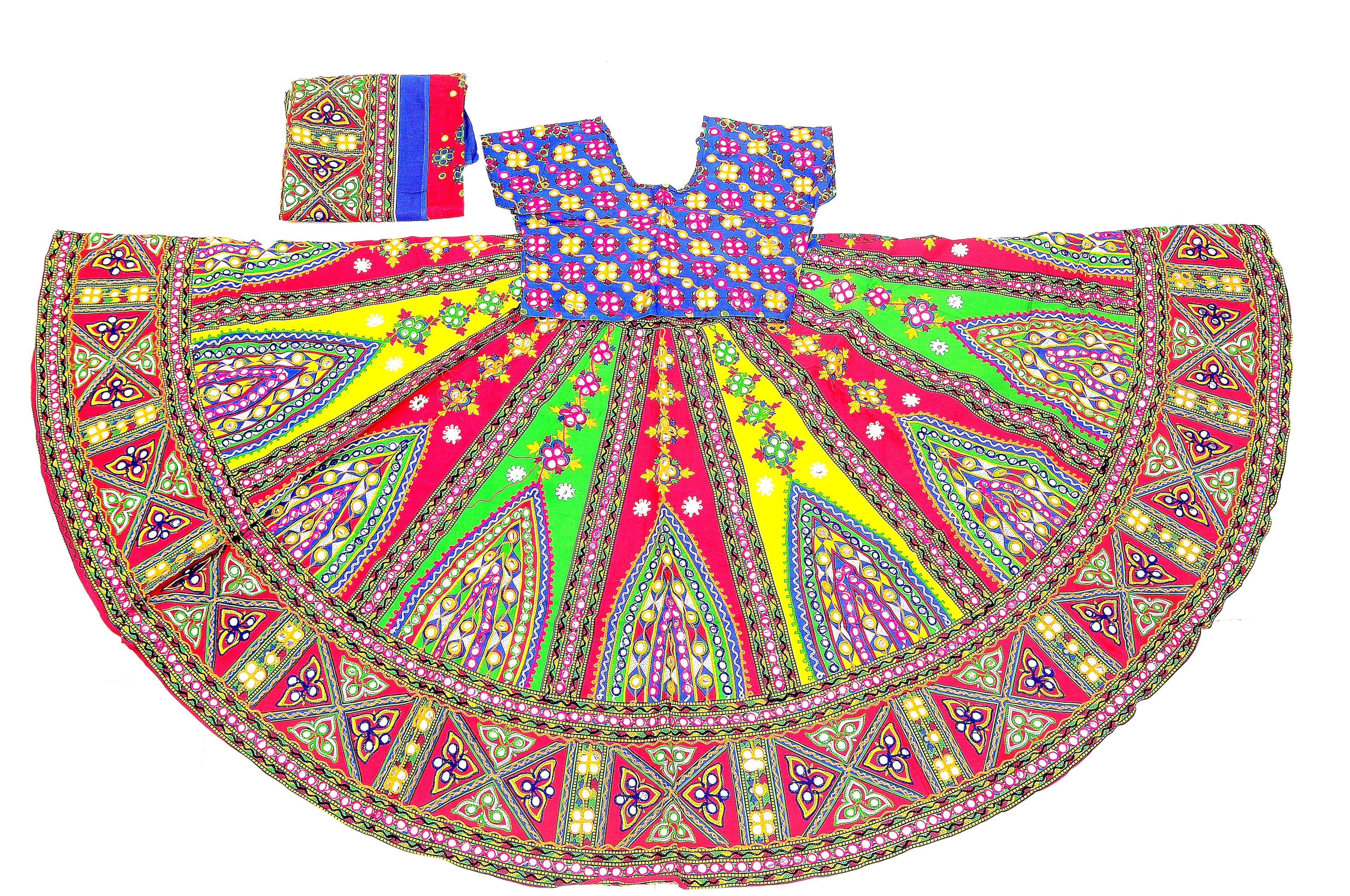 Banjara India Cotton Long Flair Aari Embroidery Kutch Work (Lehenga Choli) Chaniya Choli Set with Dupatta-Temple-01