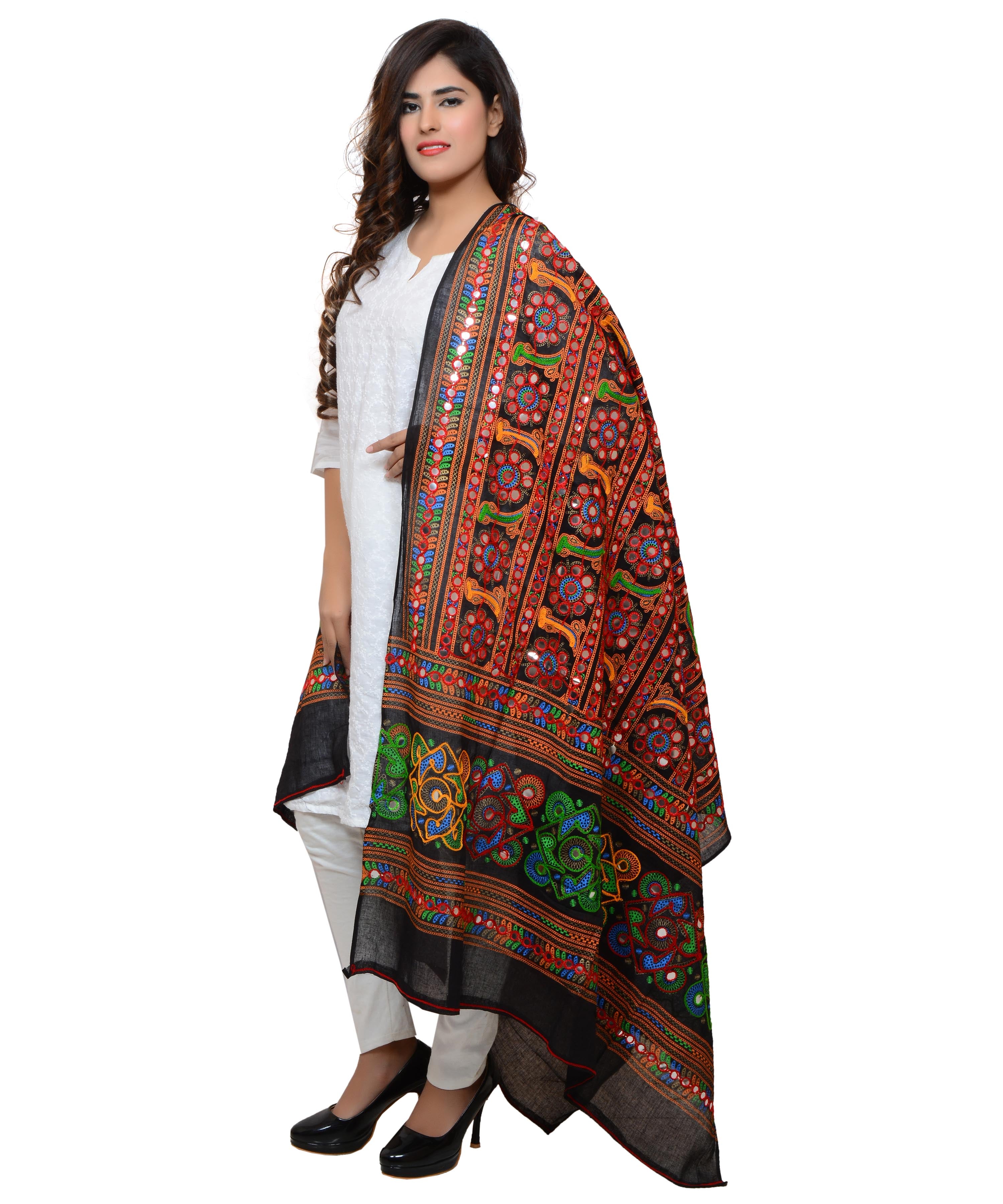Banjara India Women's Pure Cotton Aari Embroidery & Foil Mirrors Dupatta (Bharchak VIP) Black - VIP01 - Banjara India