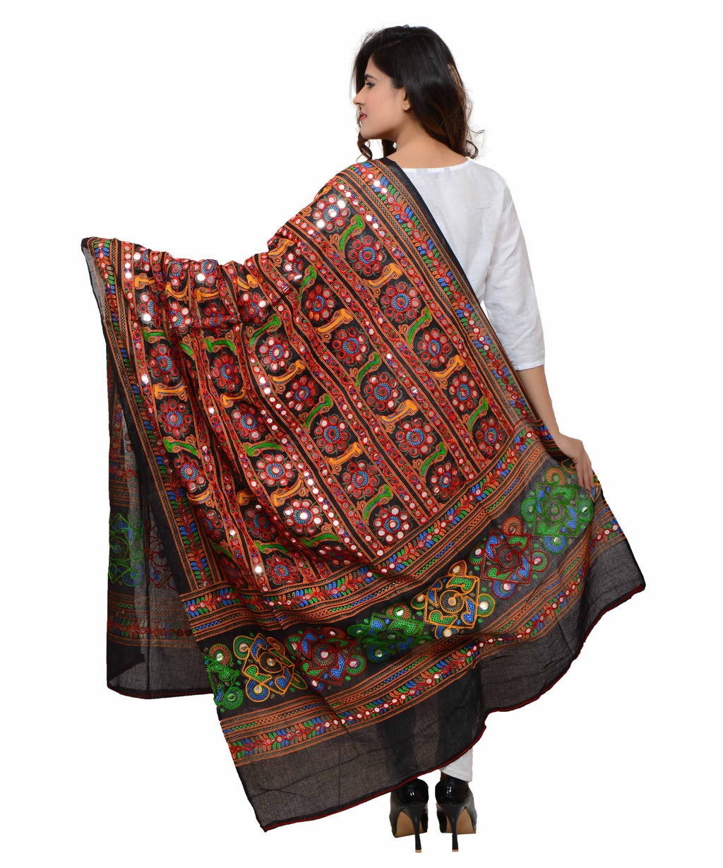 Banjara India Women's Pure Cotton Aari Embroidery & Foil Mirrors Dupatta (Bharchak VIP) Black - VIP01 - Banjara India
