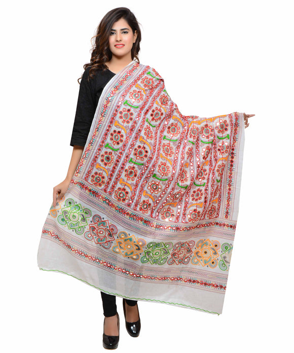 Banjara India Women's Pure Cotton Aari Embroidery & Foil Mirrors Dupatta (Bharchak VIP) White - VIP02 - Banjara India