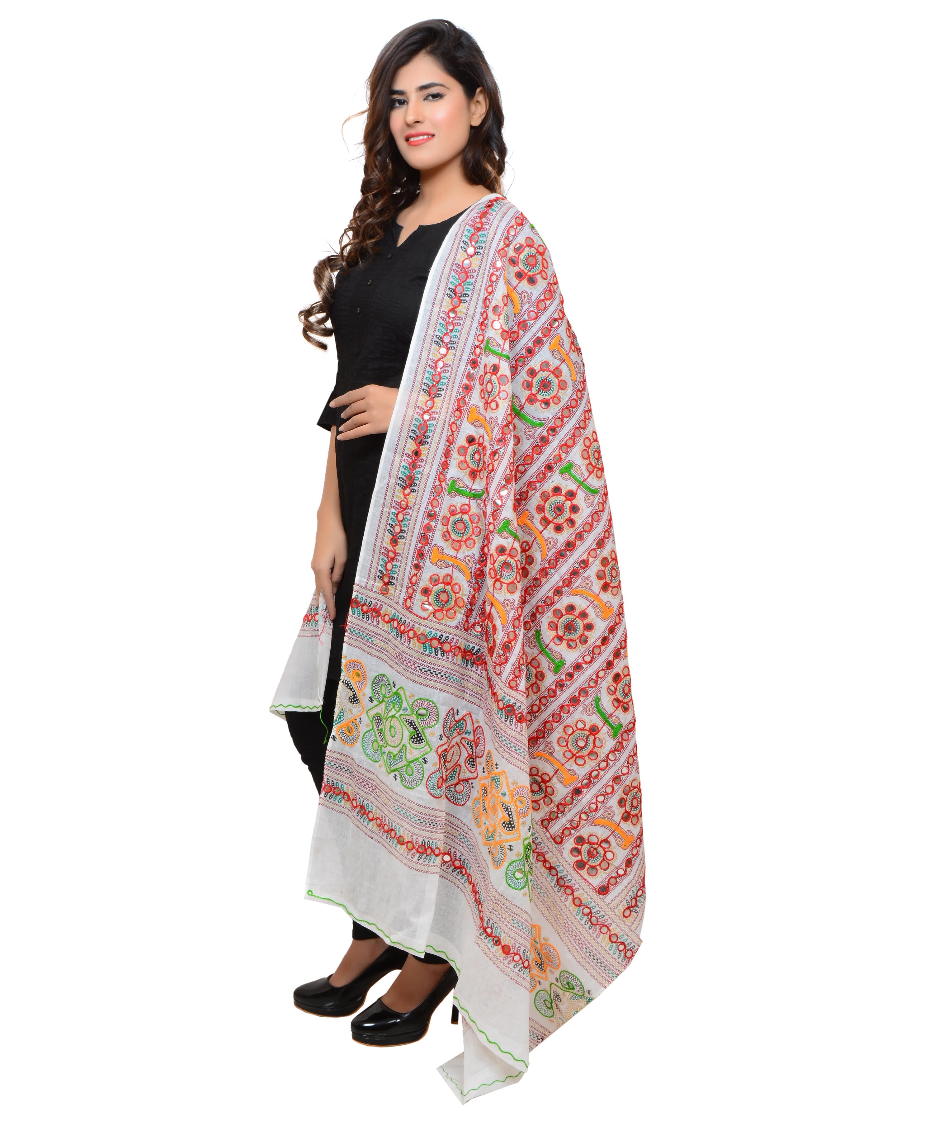 Banjara India Women's Pure Cotton Aari Embroidery & Foil Mirrors Dupatta (Bharchak VIP) White - VIP02 - Banjara India