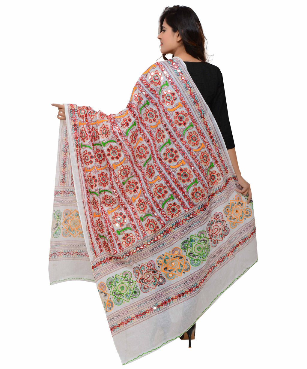 Banjara India Women's Pure Cotton Aari Embroidery & Foil Mirrors Dupatta (Bharchak VIP) White - VIP02 - Banjara India