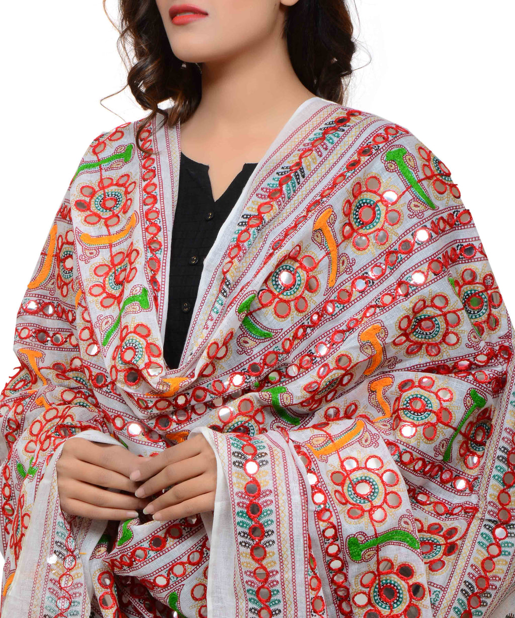 Banjara India Women's Pure Cotton Aari Embroidery & Foil Mirrors Dupatta (Bharchak VIP) White - VIP02 - Banjara India