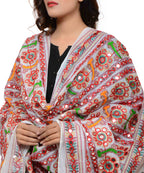 Banjara India Women's Pure Cotton Aari Embroidery & Foil Mirrors Dupatta (Bharchak VIP) White - VIP02 - Banjara India