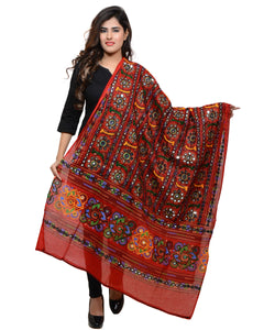 Banjara India Women's Pure Cotton Aari Embroidery & Foil Mirrors Dupatta (Bharchak VIP) Red - VIP03 - Banjara India