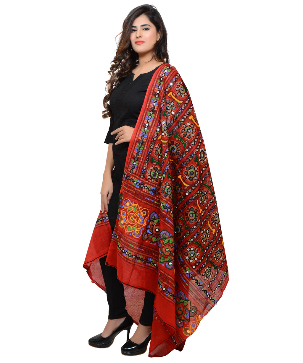 Banjara India Women's Pure Cotton Aari Embroidery & Foil Mirrors Dupatta (Bharchak VIP) Red - VIP03 - Banjara India