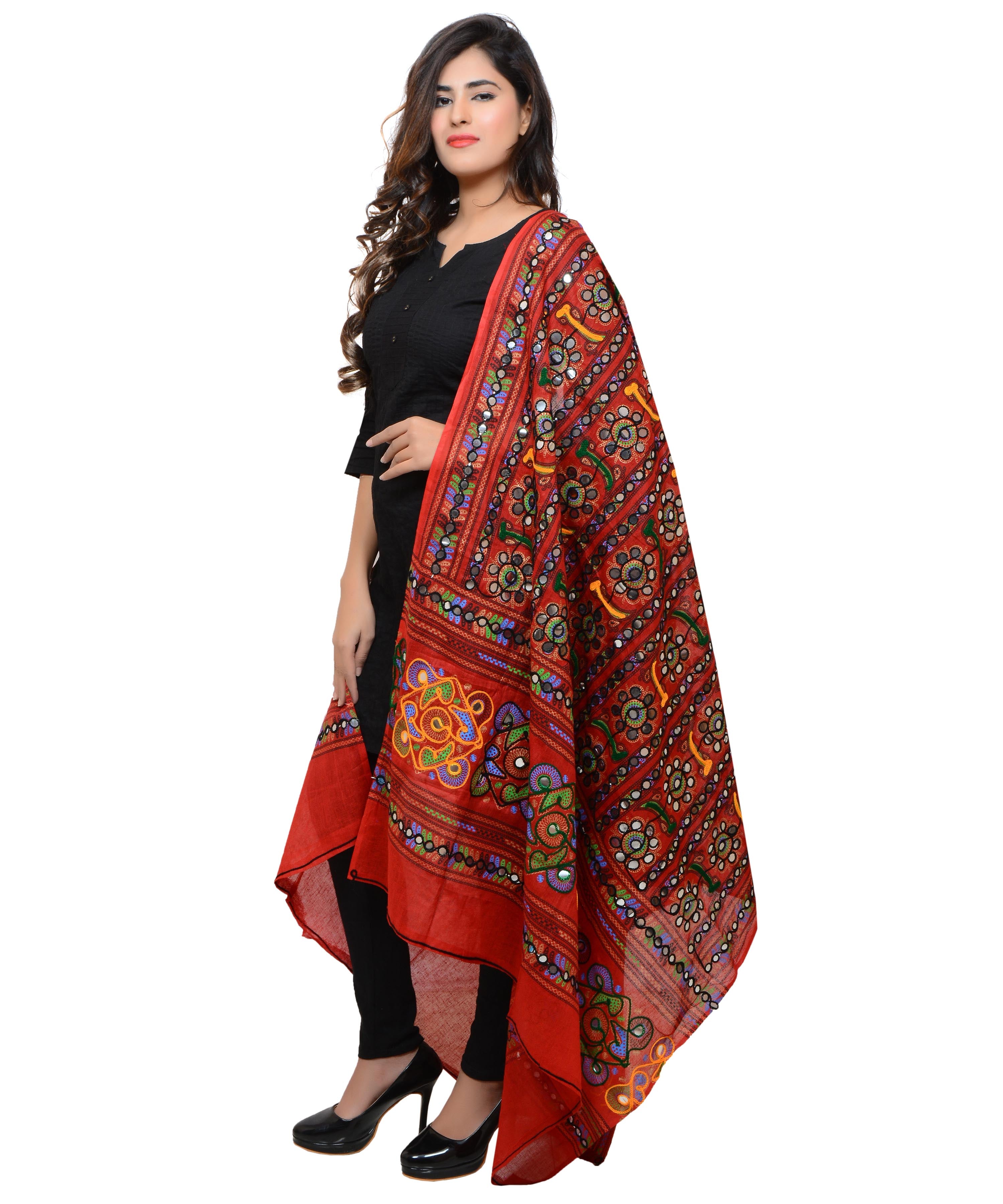Banjara India Women's Pure Cotton Aari Embroidery & Foil Mirrors Dupatta (Bharchak VIP) Red - VIP03 - Banjara India