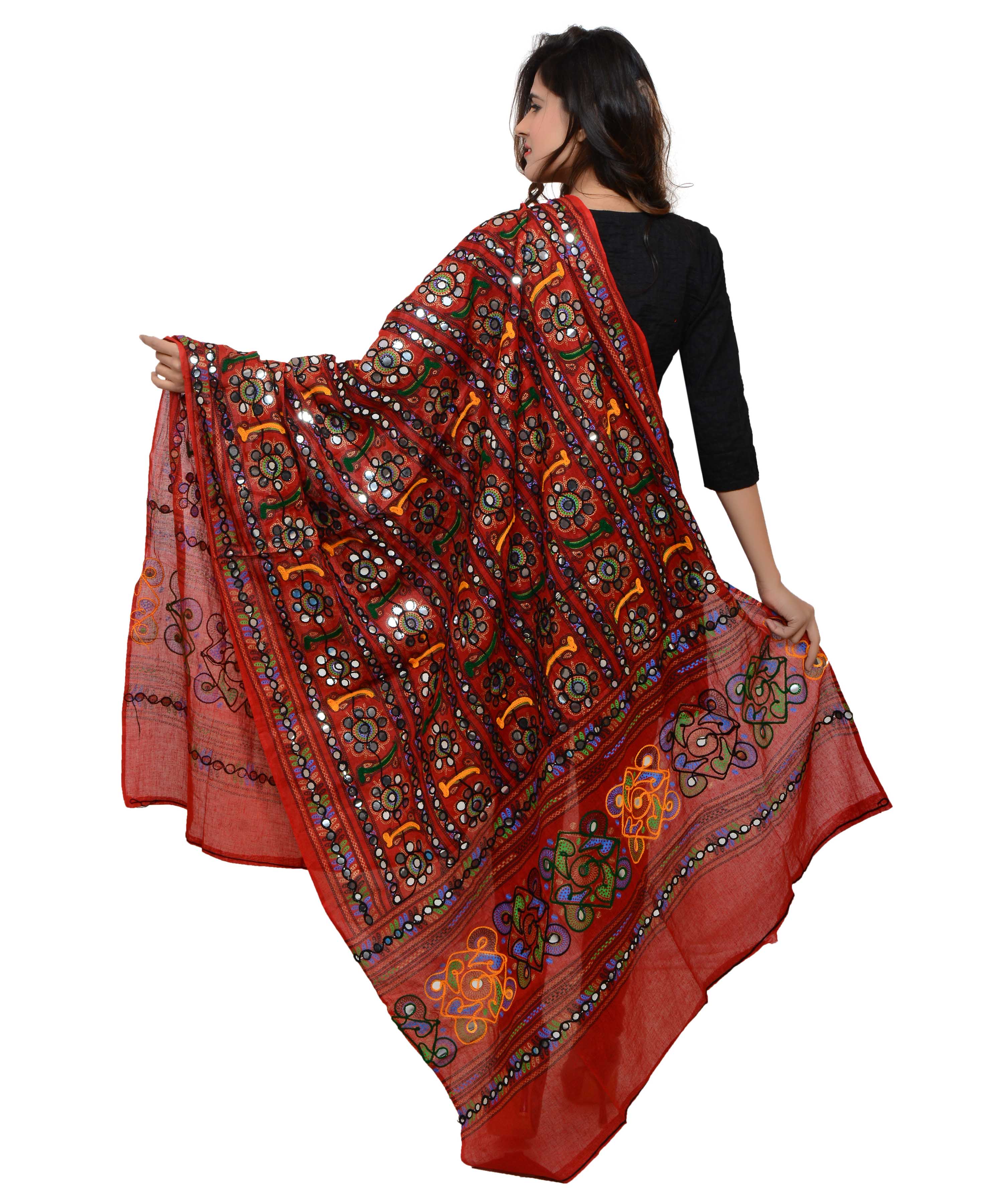 Banjara India Women's Pure Cotton Aari Embroidery & Foil Mirrors Dupatta (Bharchak VIP) Red - VIP03 - Banjara India