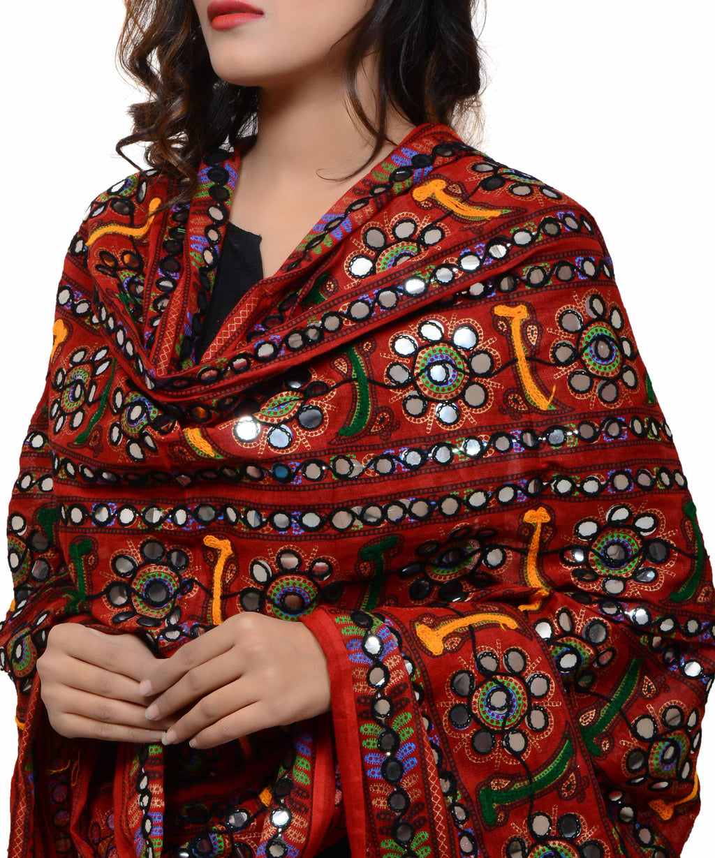 Banjara India Women's Pure Cotton Aari Embroidery & Foil Mirrors Dupatta (Bharchak VIP) Red - VIP03 - Banjara India