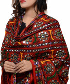 Banjara India Women's Pure Cotton Aari Embroidery & Foil Mirrors Dupatta (Bharchak VIP) Red - VIP03 - Banjara India
