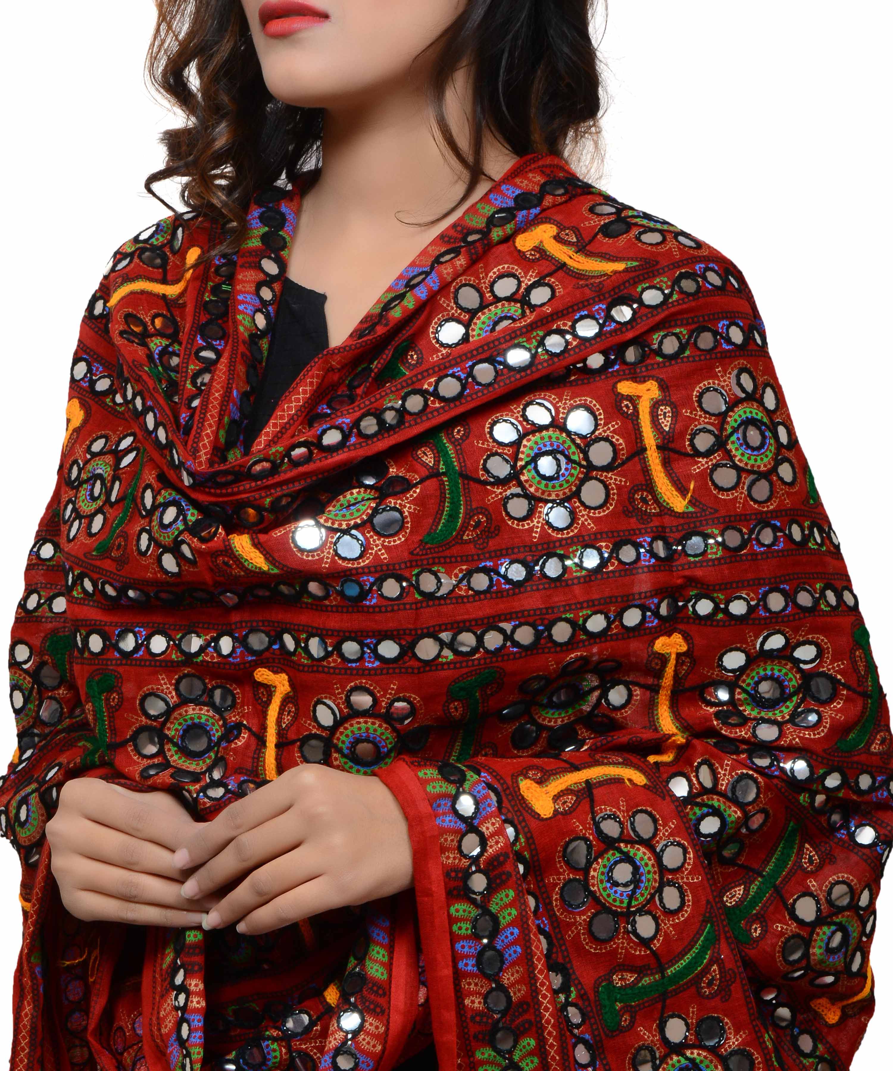 Banjara India Women's Pure Cotton Aari Embroidery & Foil Mirrors Dupatta (Bharchak VIP) Red - VIP03 - Banjara India