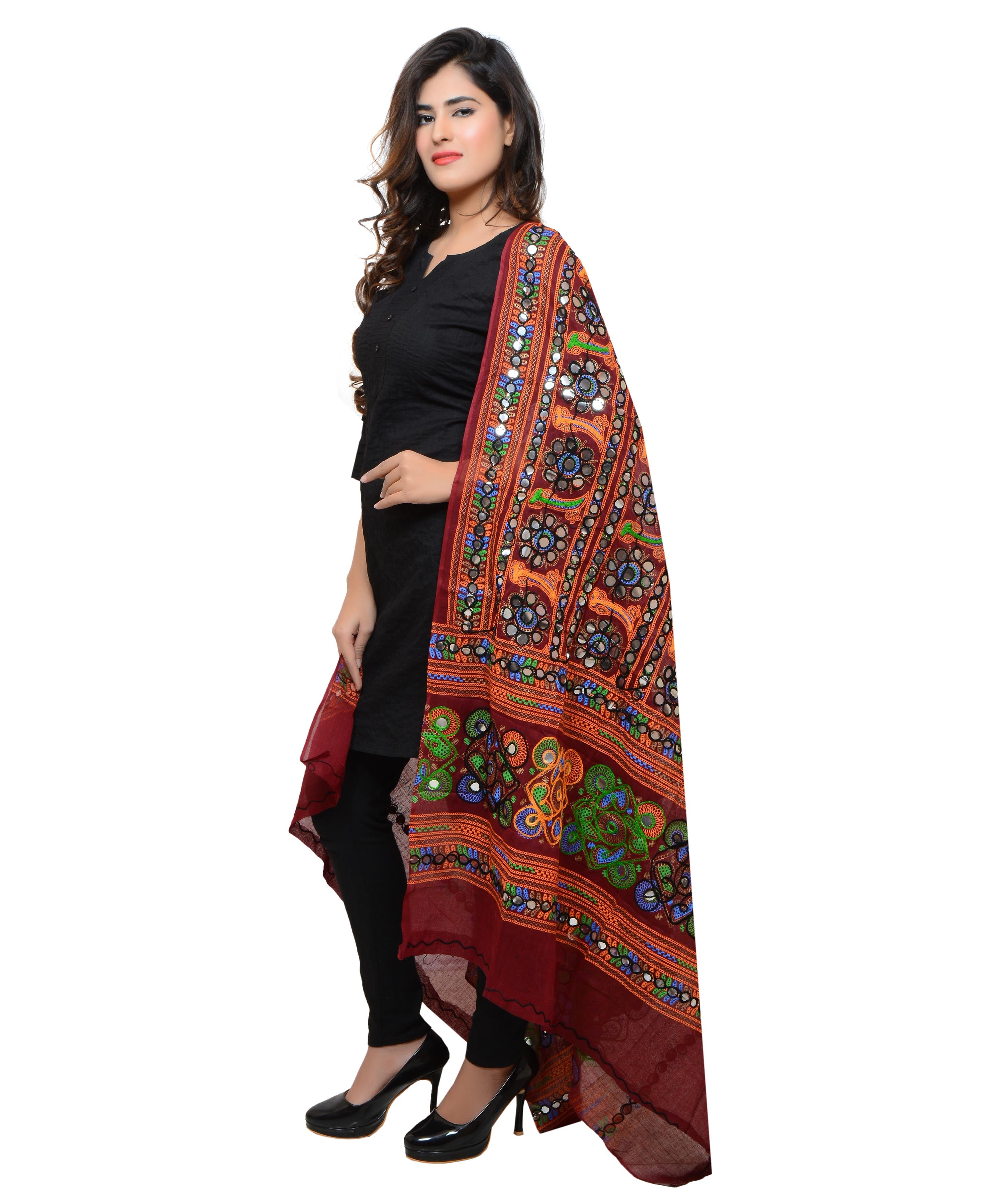 Banjara India Women's Pure Cotton Aari Embroidery & Foil Mirrors Dupatta (Bharchak VIP) Maroon - VIP04 - Banjara India