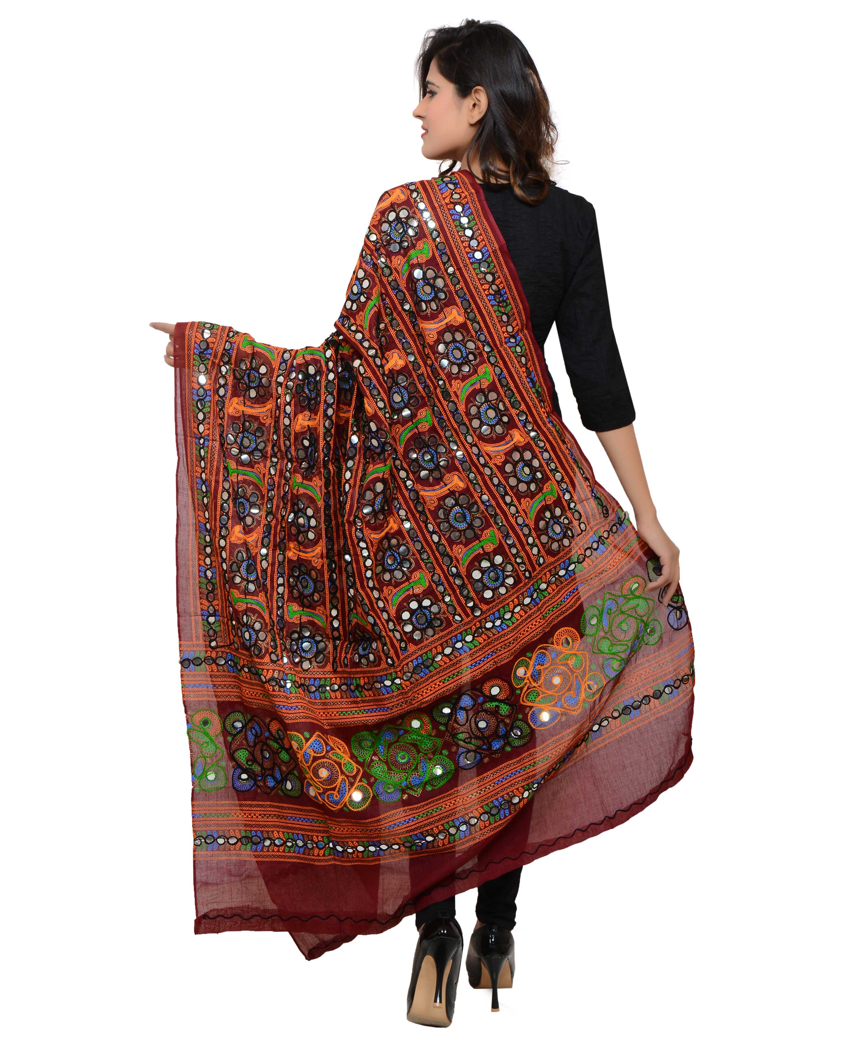 Banjara India Women's Pure Cotton Aari Embroidery & Foil Mirrors Dupatta (Bharchak VIP) Maroon - VIP04 - Banjara India