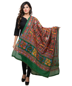 Banjara India Women's Pure Cotton Aari Embroidery & Foil Mirrors Dupatta (Bharchak VIP) Dark Green  - VIP05 - Banjara India