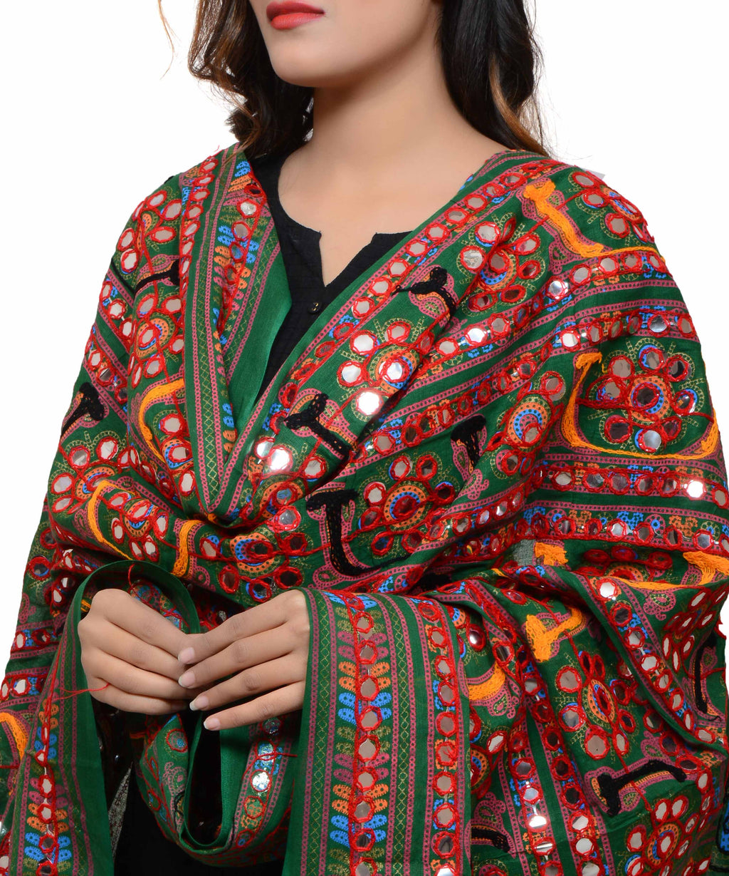 Banjara India Women's Pure Cotton Aari Embroidery & Foil Mirrors Dupatta (Bharchak VIP) Dark Green  - VIP05 - Banjara India
