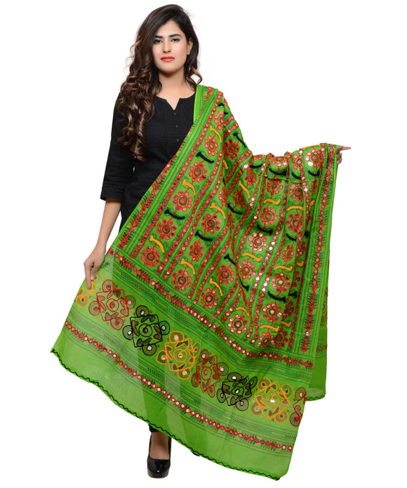 Banjara India Women's Pure Cotton Aari Embroidery & Foil Mirrors Dupatta (Bharchak VIP) Parrot Green - VIP06 - Banjara India