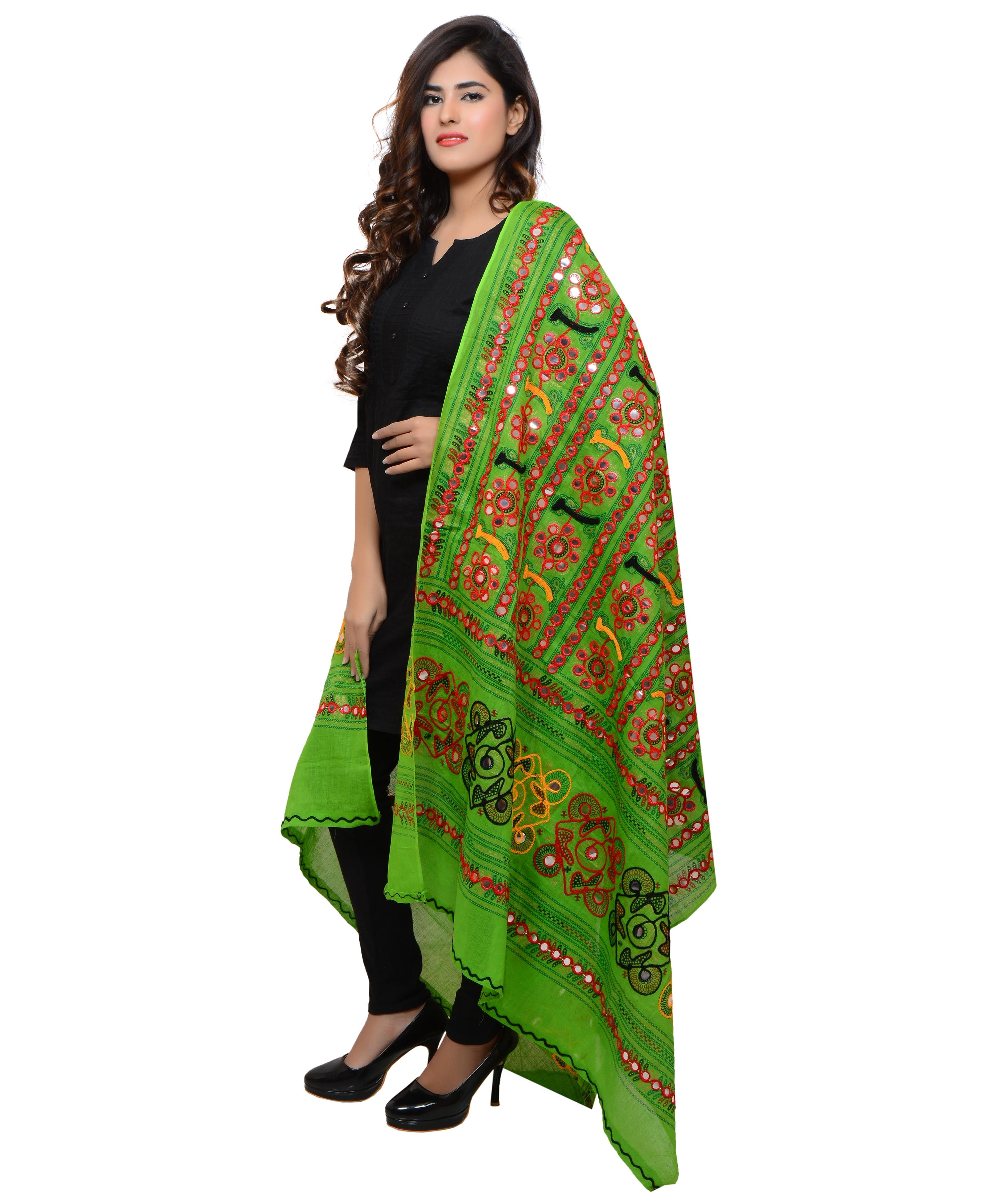 Banjara India Women's Pure Cotton Aari Embroidery & Foil Mirrors Dupatta (Bharchak VIP) Parrot Green - VIP06 - Banjara India