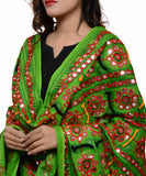 Banjara India Women's Pure Cotton Aari Embroidery & Foil Mirrors Dupatta (Bharchak VIP) Parrot Green - VIP06 - Banjara India