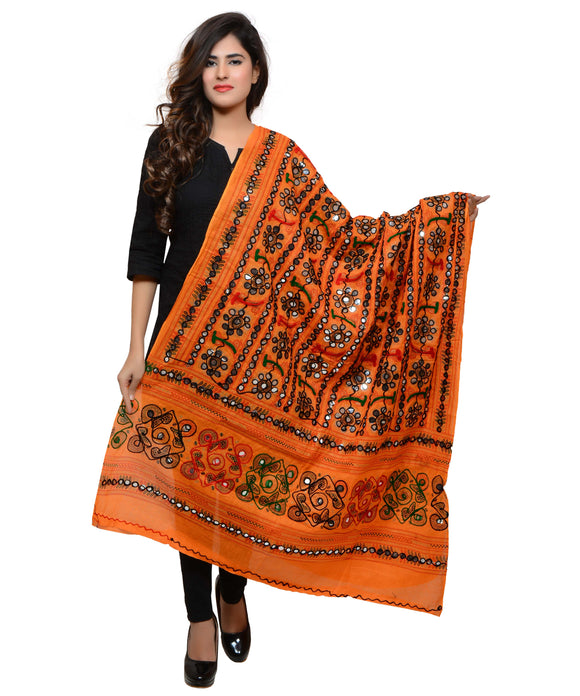 Banjara India Women's Pure Cotton Aari Embroidery & Foil Mirrors Dupatta (Bharchak VIP) Light Orange - VIP07 - Banjara India