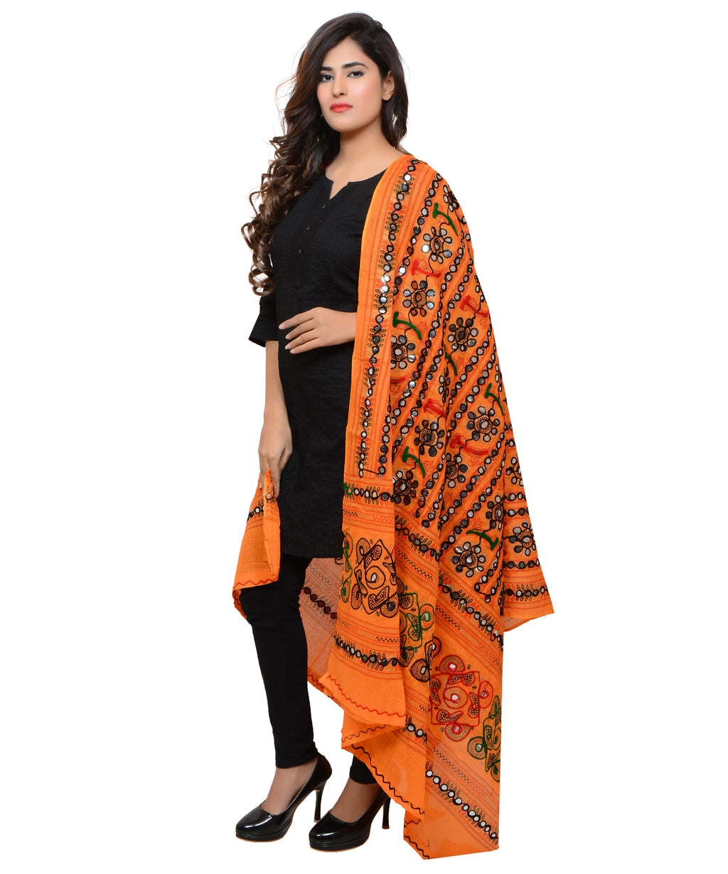 Banjara India Women's Pure Cotton Aari Embroidery & Foil Mirrors Dupatta (Bharchak VIP) Light Orange - VIP07 - Banjara India