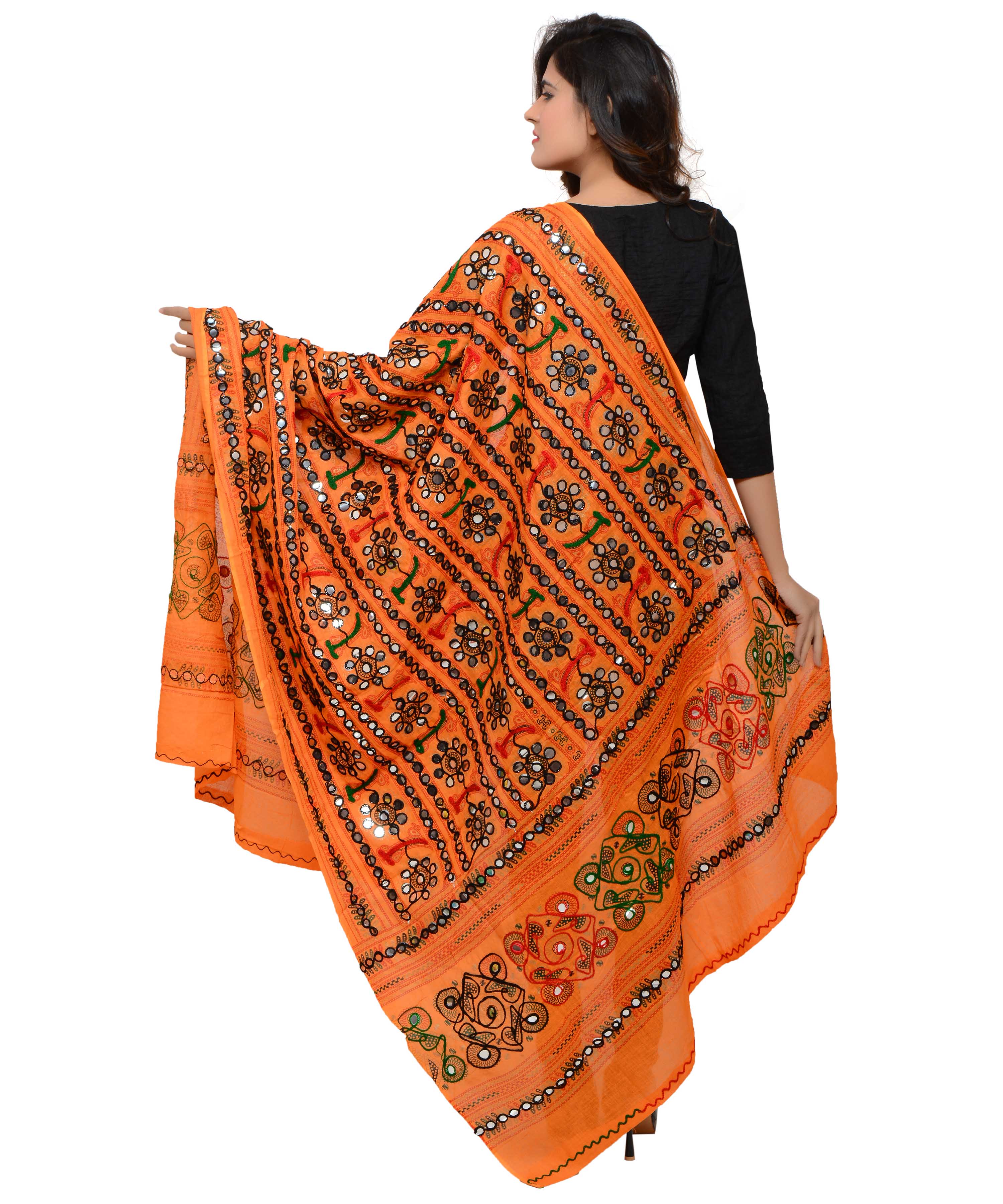 Banjara India Women's Pure Cotton Aari Embroidery & Foil Mirrors Dupatta (Bharchak VIP) Light Orange - VIP07 - Banjara India