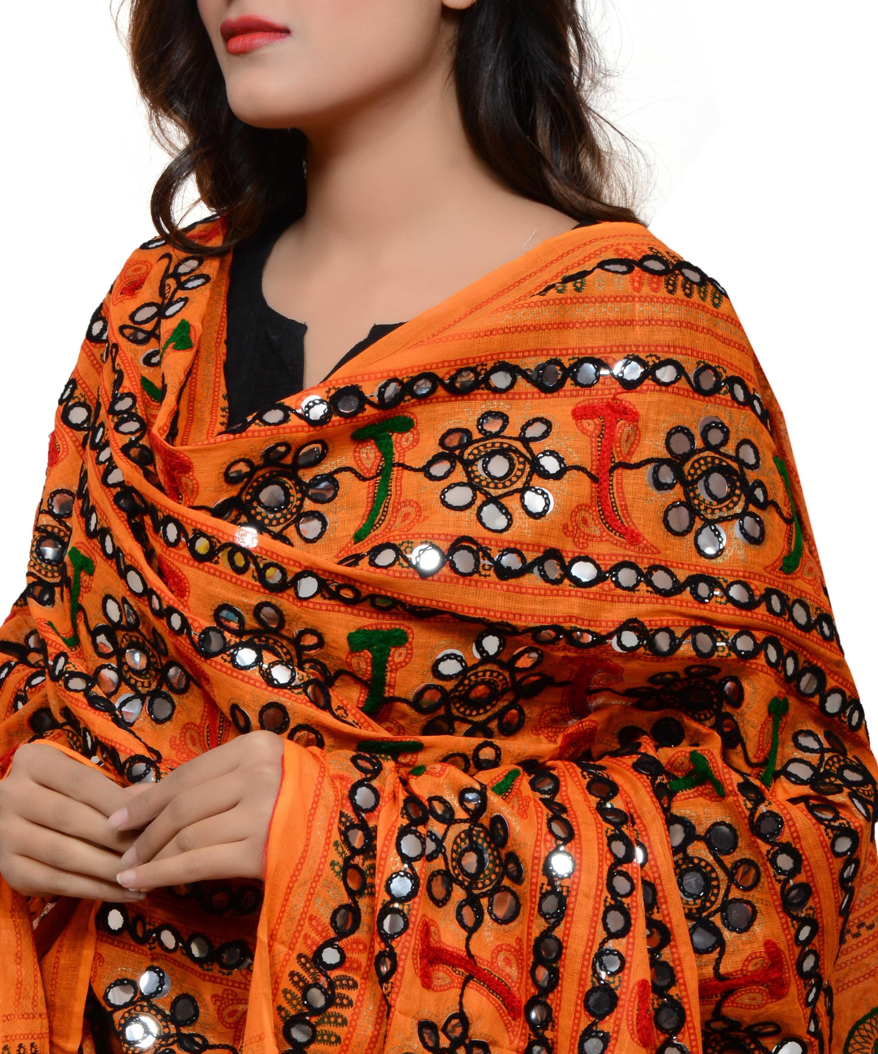Banjara India Women's Pure Cotton Aari Embroidery & Foil Mirrors Dupatta (Bharchak VIP) Light Orange - VIP07 - Banjara India