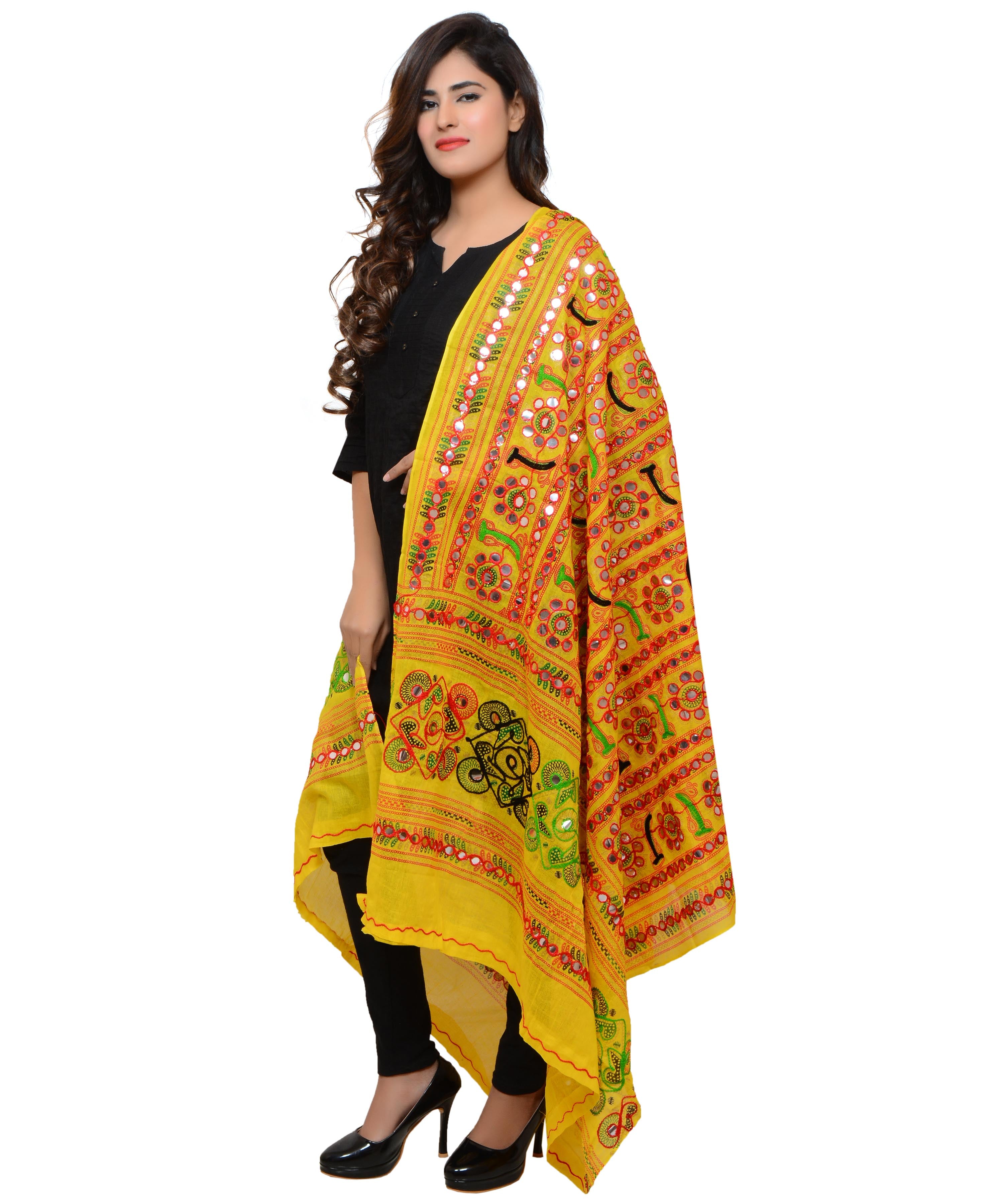 Banjara India Women's Pure Cotton Aari Embroidery & Foil Mirrors Dupatta (Bharchak VIP) Lemon Yellow - VIP08 - Banjara India