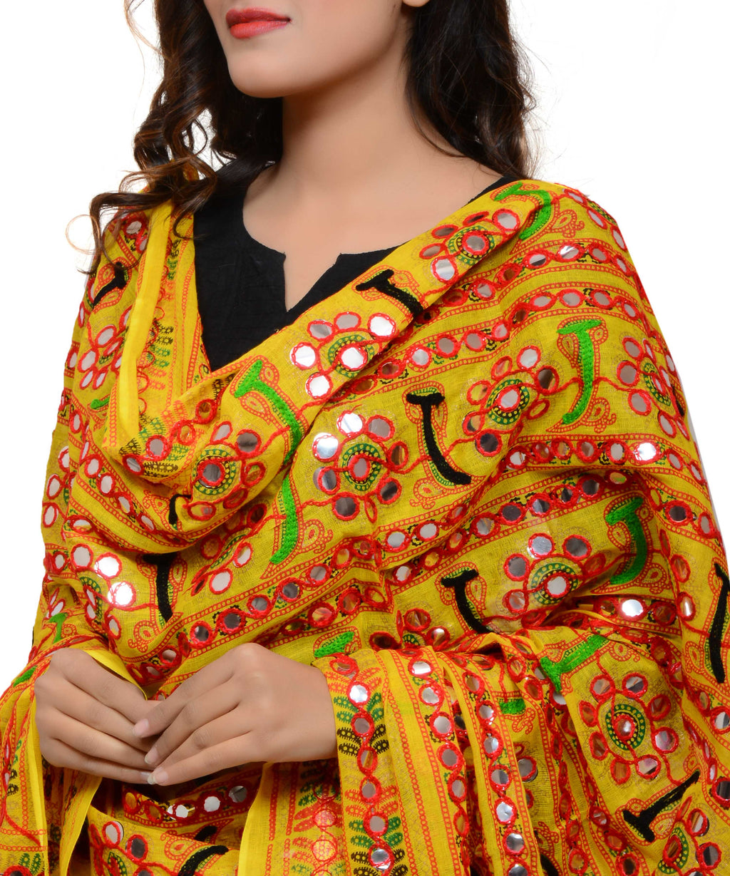 Banjara India Women's Pure Cotton Aari Embroidery & Foil Mirrors Dupatta (Bharchak VIP) Lemon Yellow - VIP08 - Banjara India