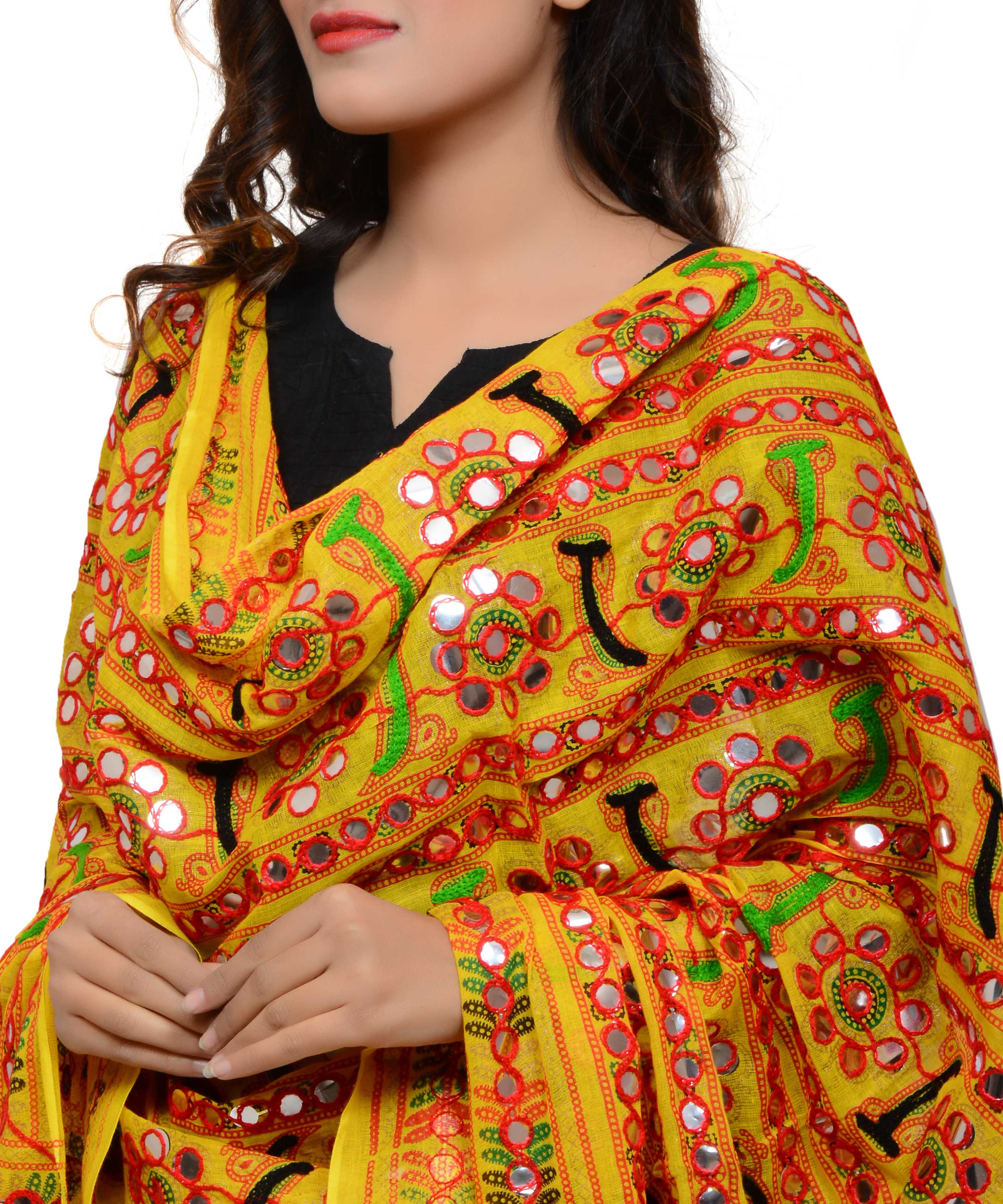Banjara India Women's Pure Cotton Aari Embroidery & Foil Mirrors Dupatta (Bharchak VIP) Lemon Yellow - VIP08 - Banjara India