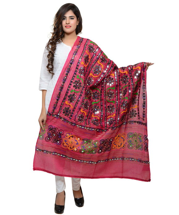Banjara India Women's Pure Cotton Aari Embroidery & Foil Mirrors Dupatta (Bharchak VIP) Pink - VIP09 - Banjara India