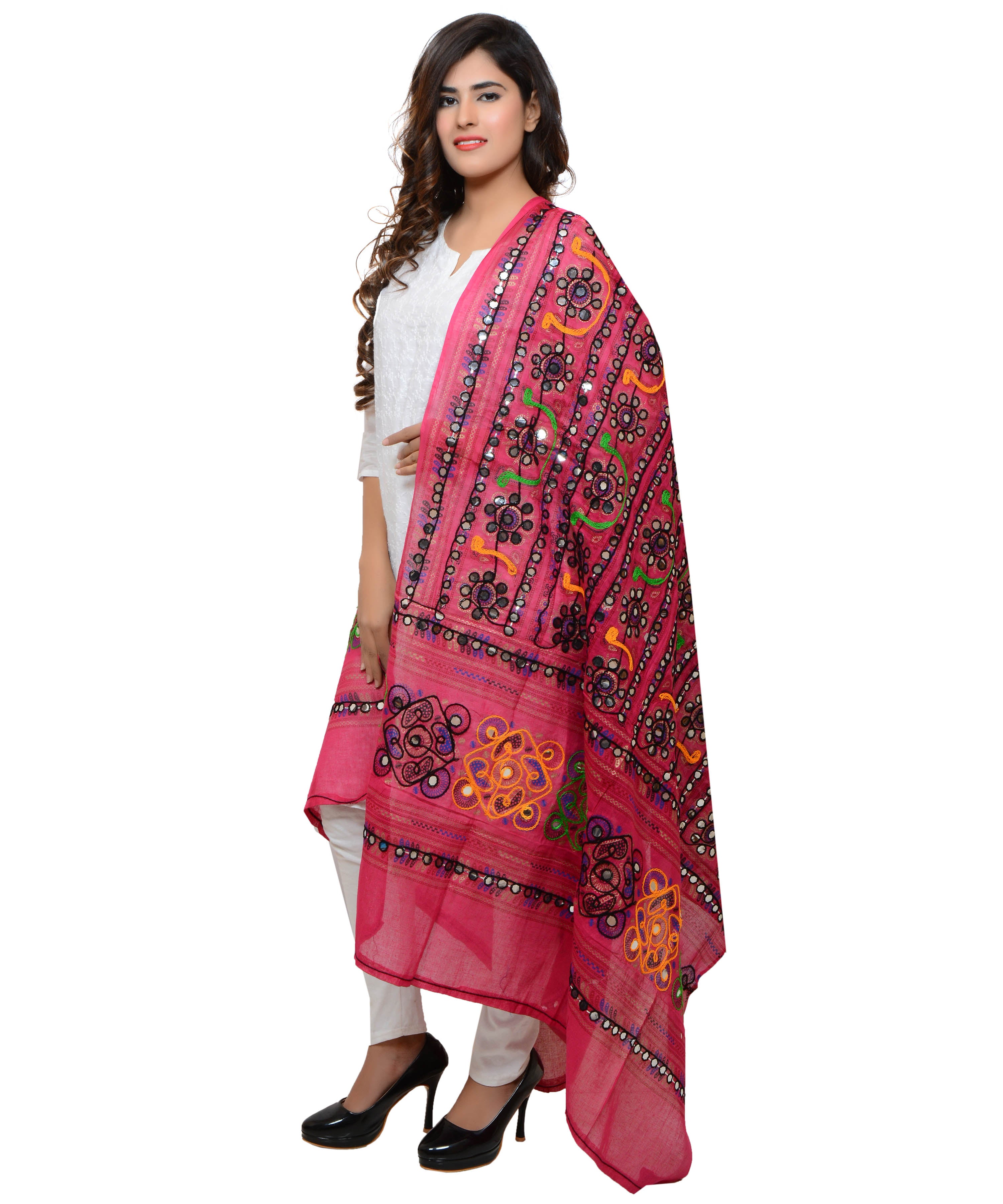 Banjara India Women's Pure Cotton Aari Embroidery & Foil Mirrors Dupatta (Bharchak VIP) Pink - VIP09 - Banjara India